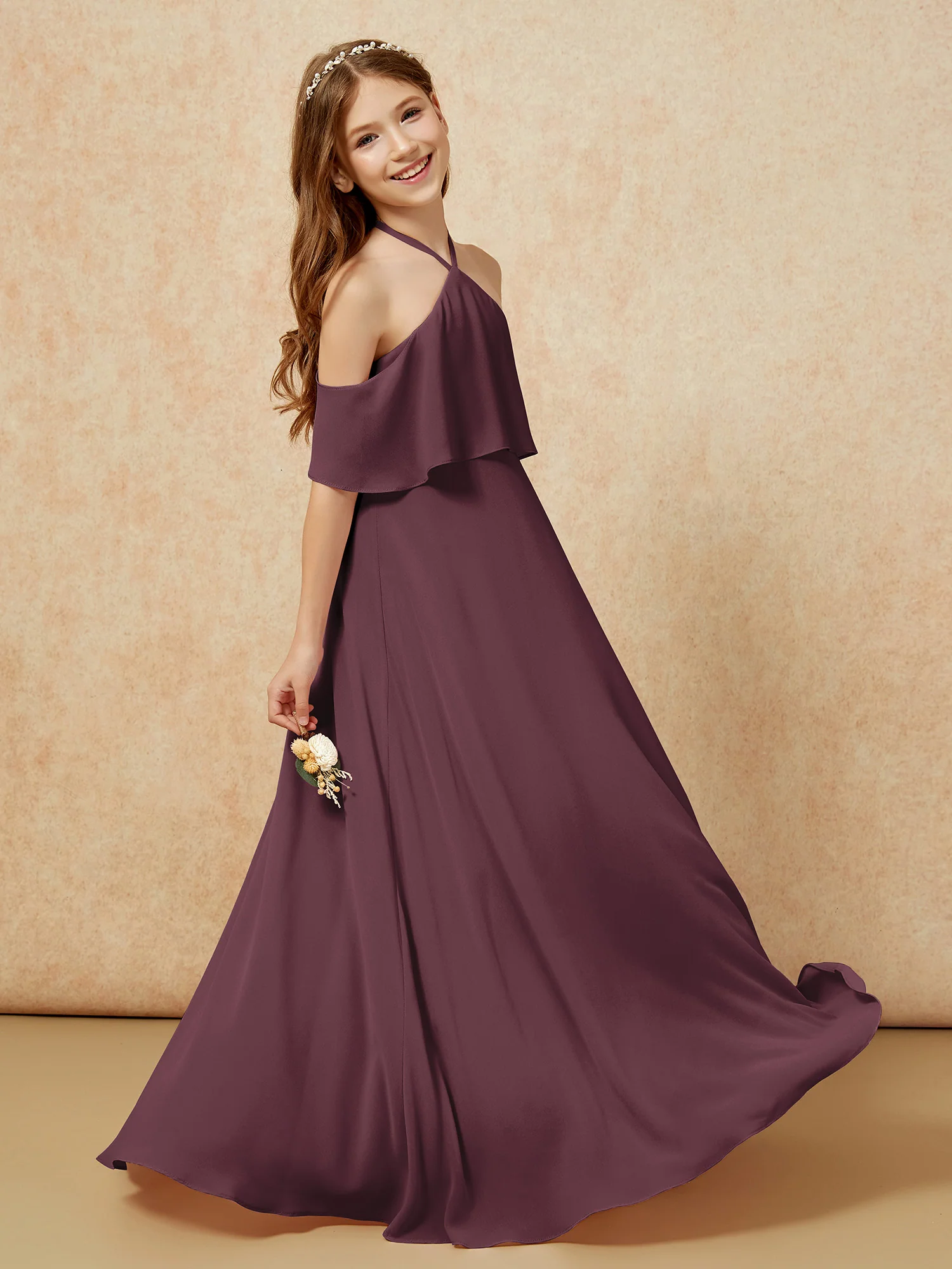 Simple Halter Floor-length Junior Bridesmaid Dress Cabernet - Image 5