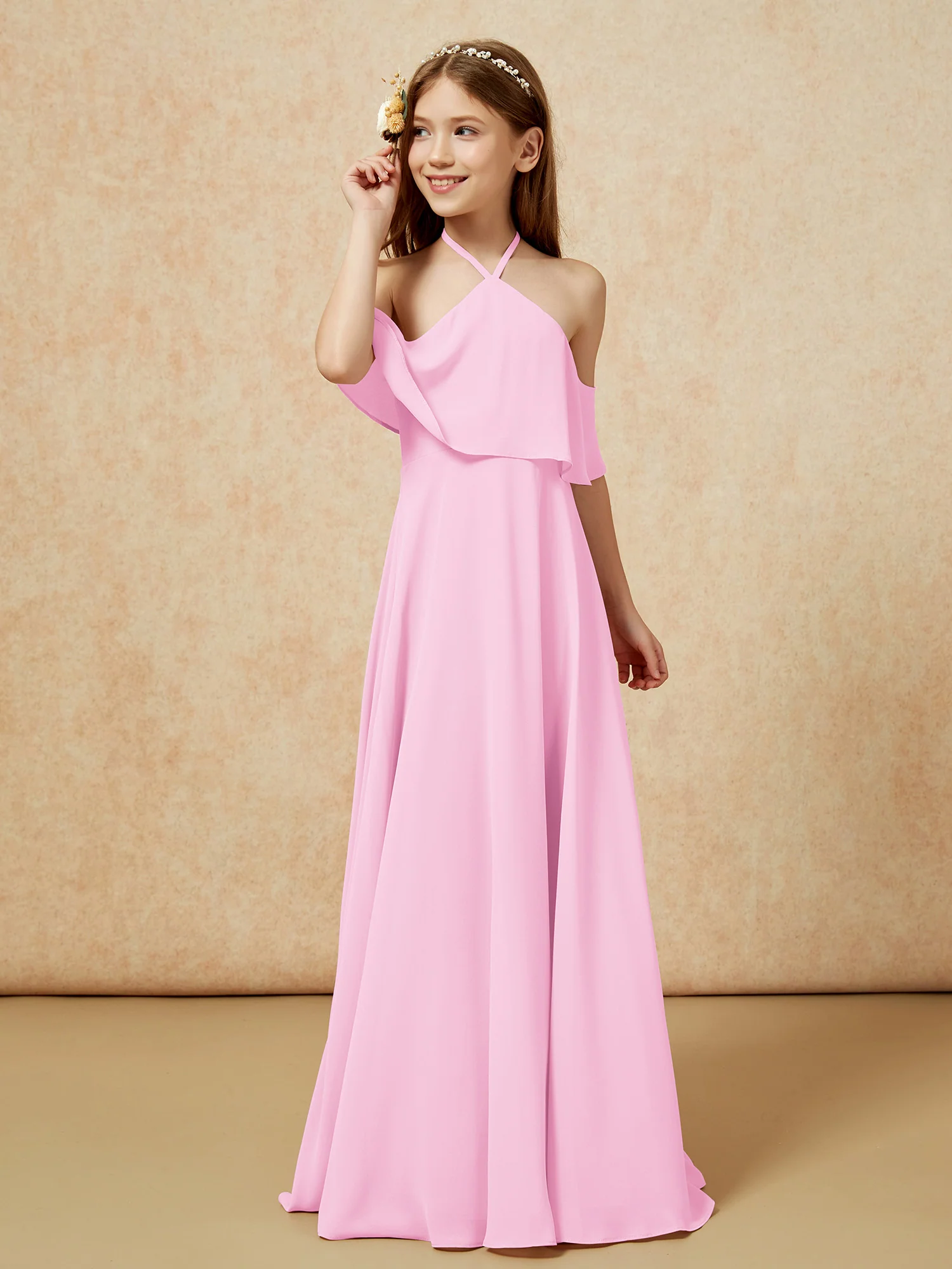 Simple Halter Floor-length Junior Bridesmaid Dress Candy Pink
