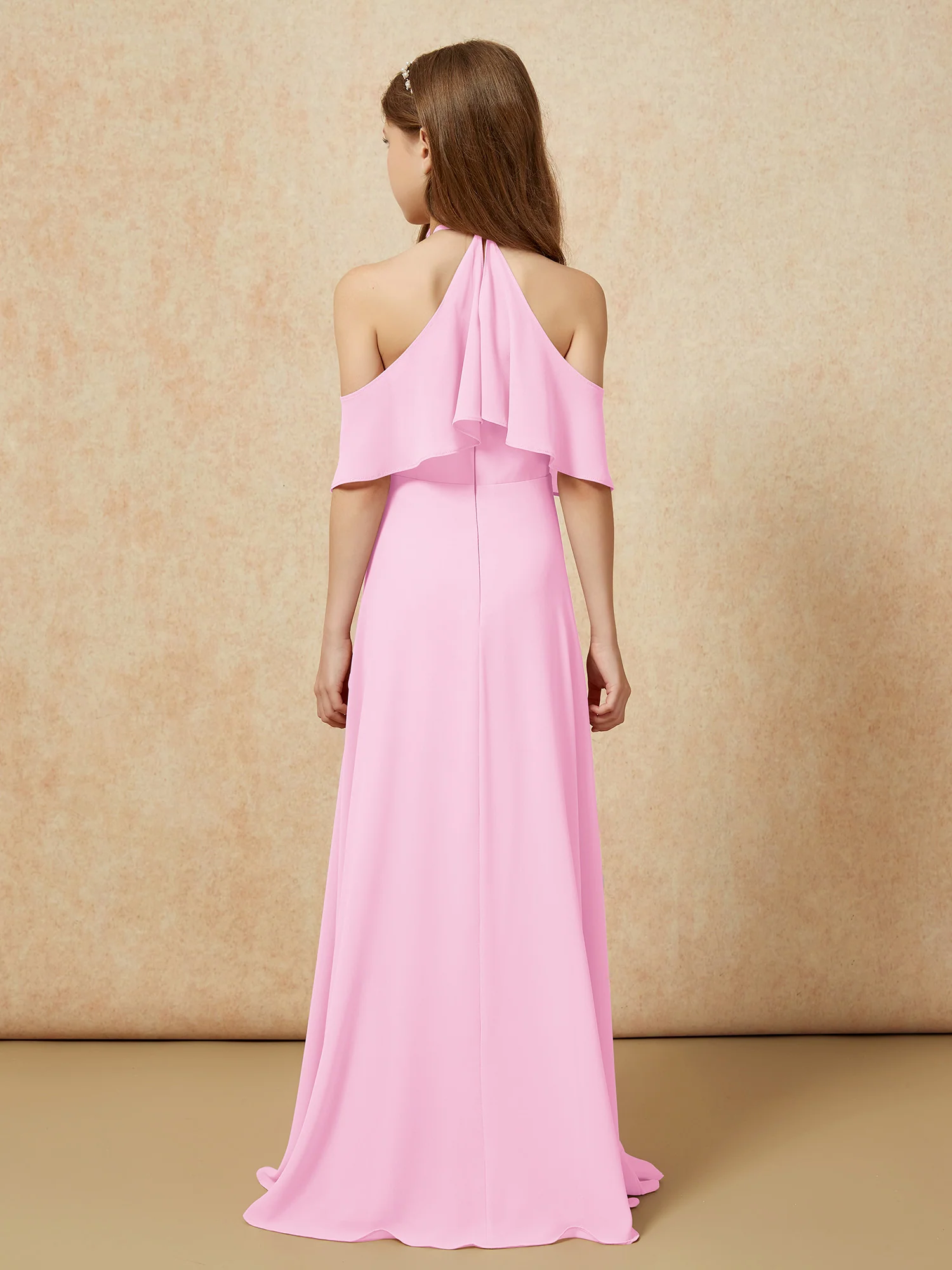 Simple Halter Floor-length Junior Bridesmaid Dress Candy Pink - Image 2