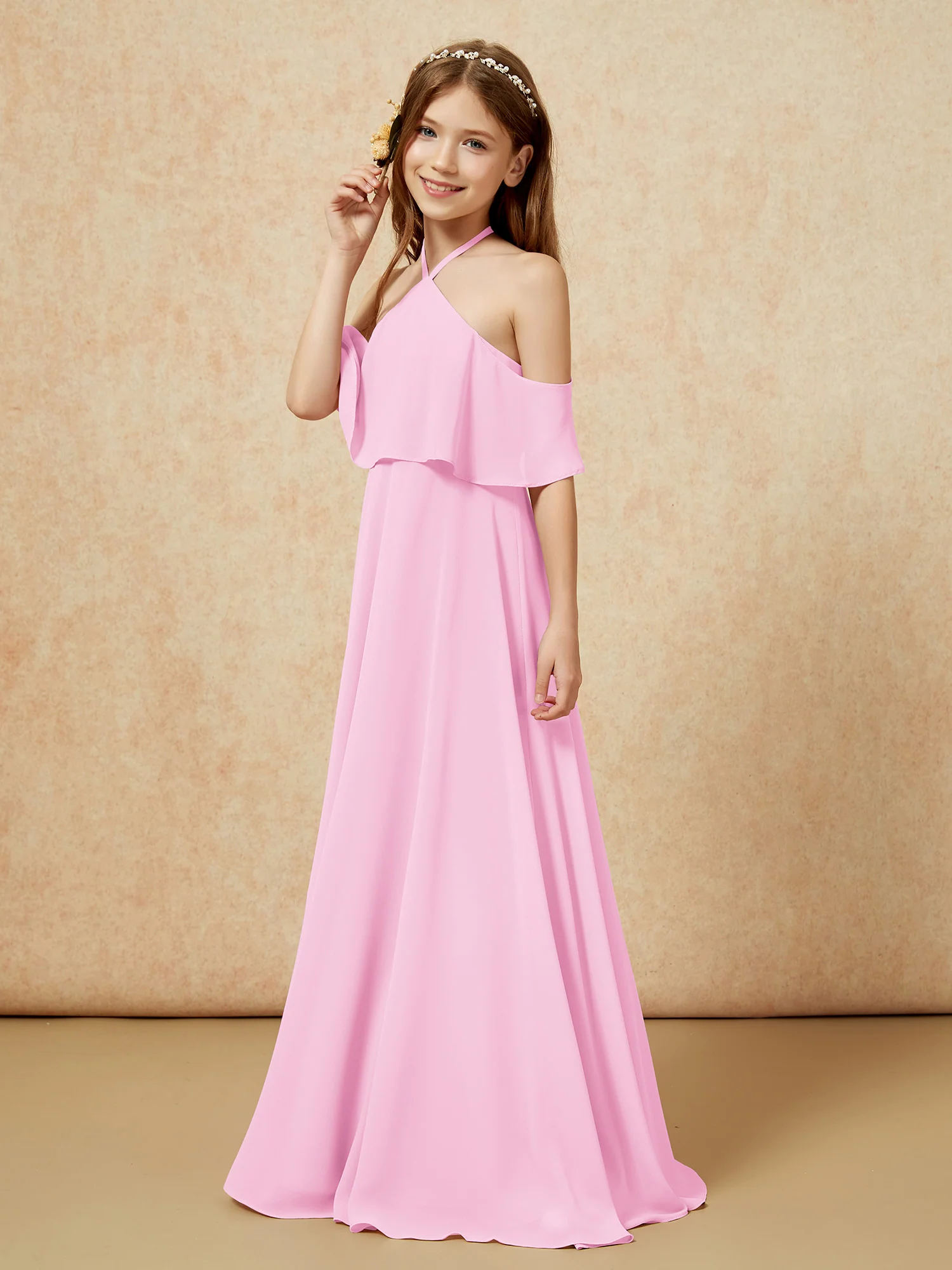 Simple Halter Floor-length Junior Bridesmaid Dress Candy Pink - Image 3