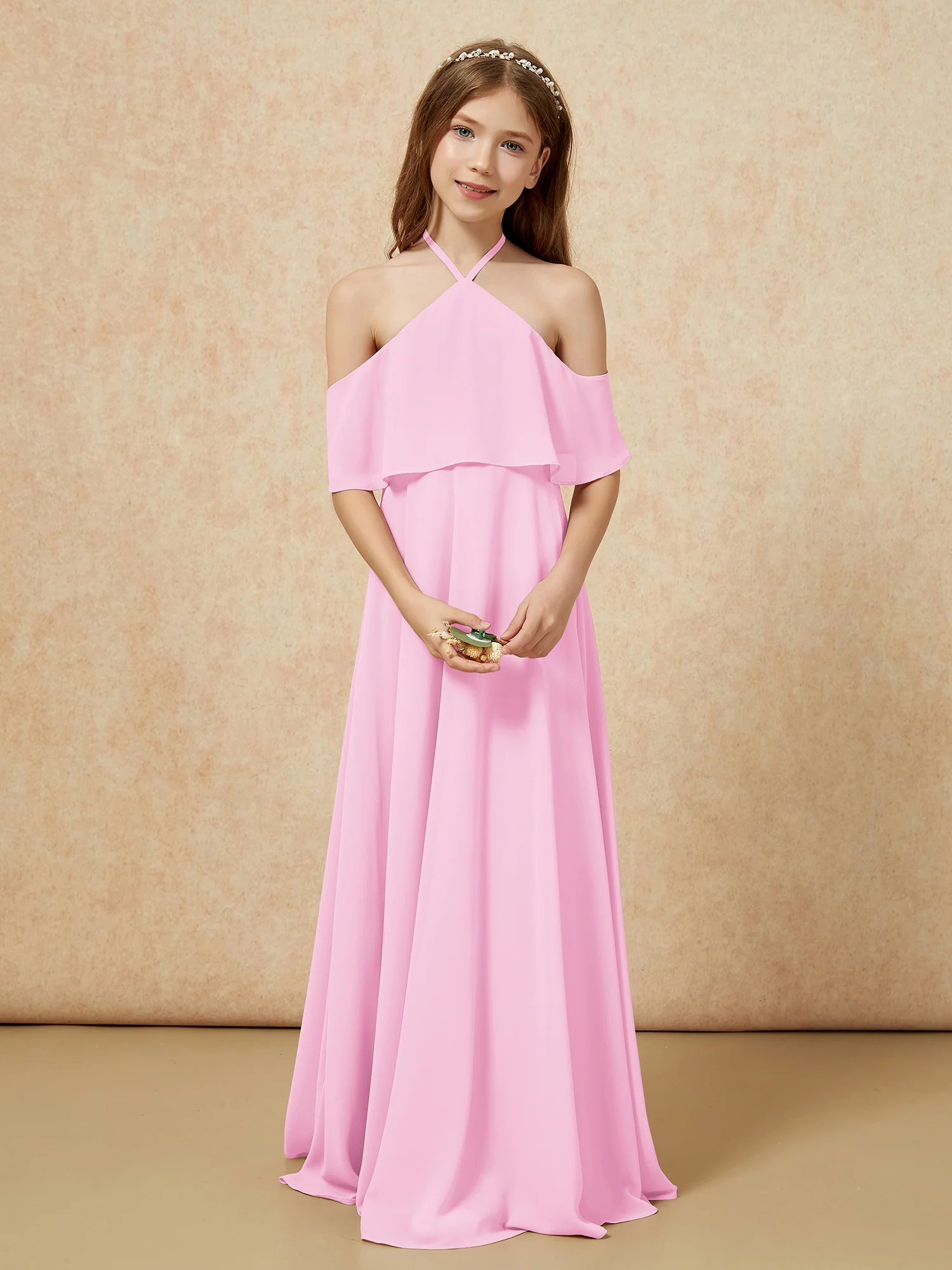 Simple Halter Floor-length Junior Bridesmaid Dress Candy Pink - Image 4