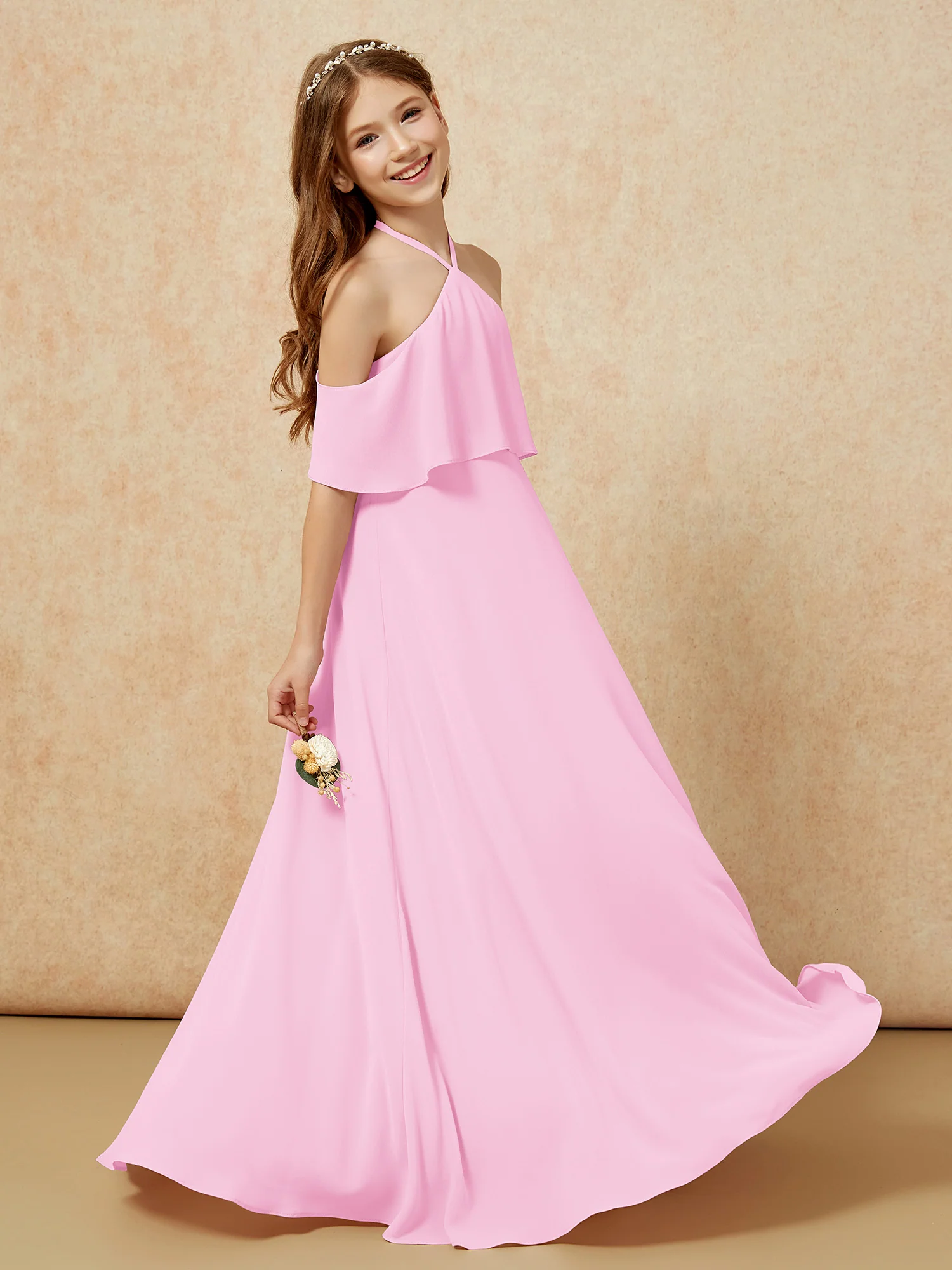 Simple Halter Floor-length Junior Bridesmaid Dress Candy Pink - Image 5
