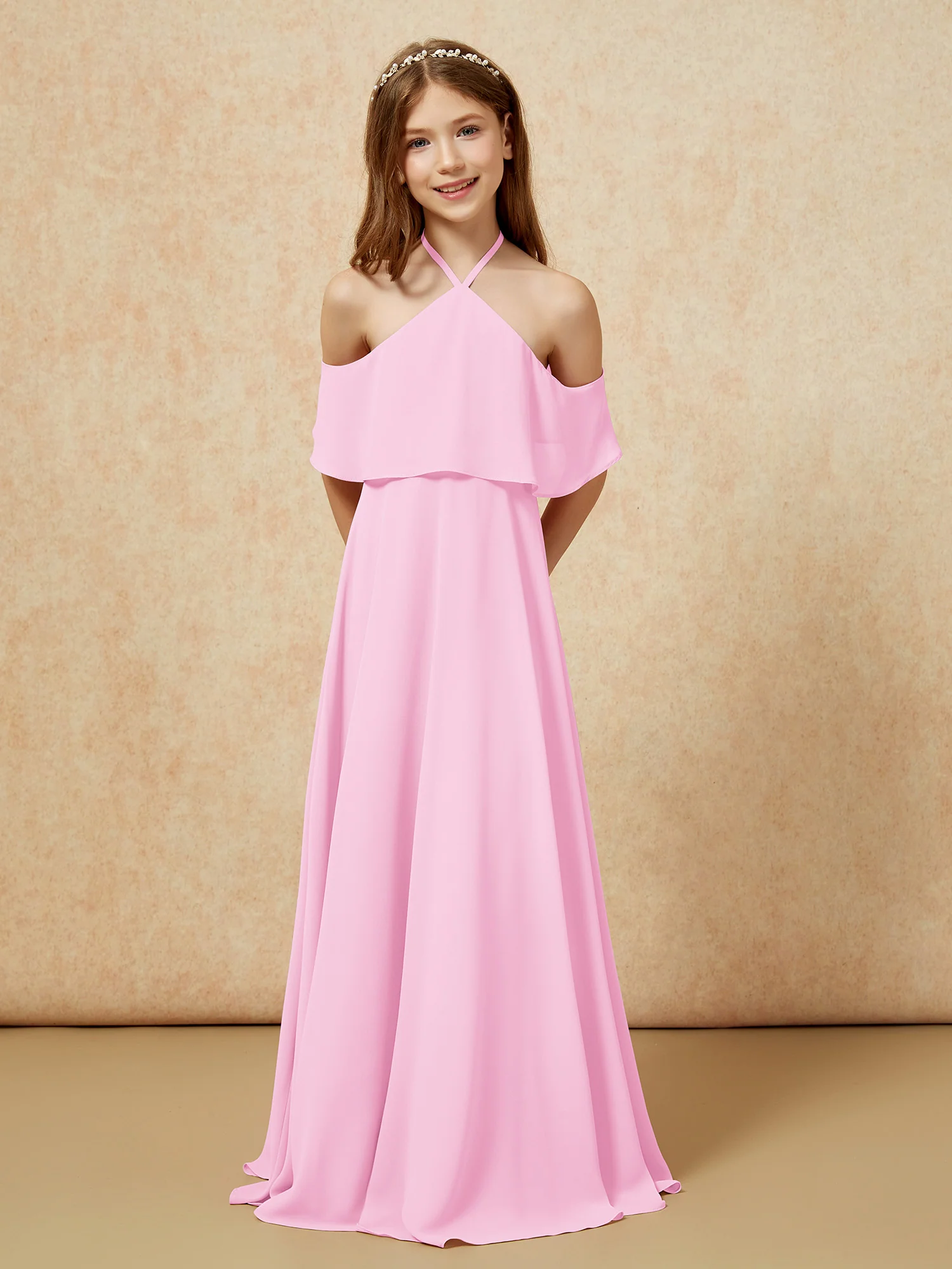 Simple Halter Floor-length Junior Bridesmaid Dress Candy Pink - Image 6
