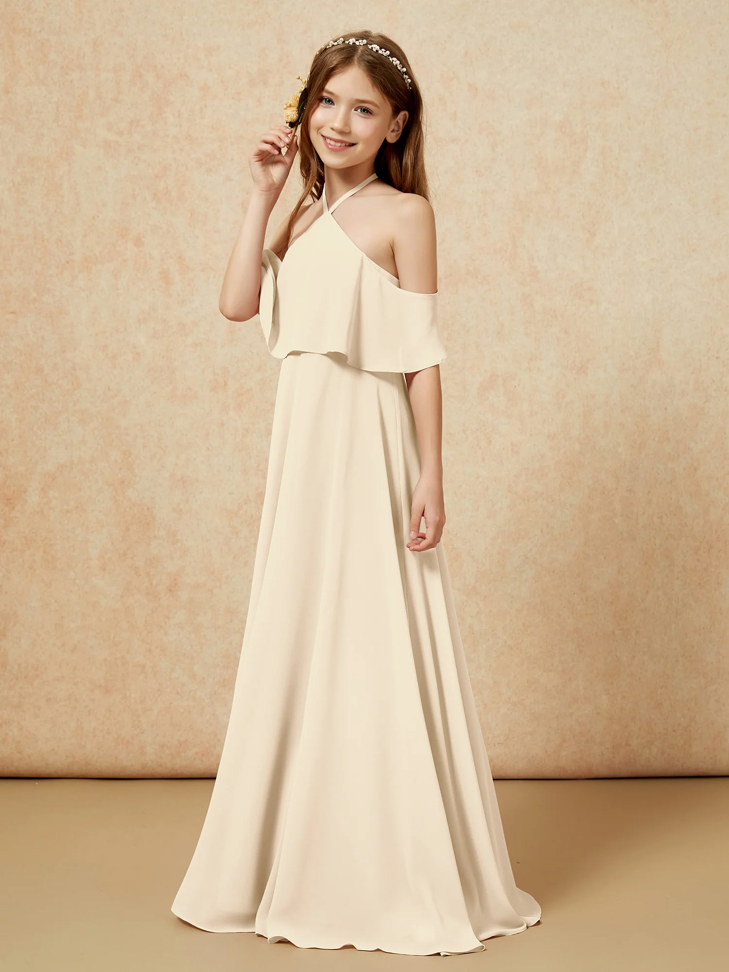 Simple Halter Floor-length Junior Bridesmaid Dress Champagne - Image 3