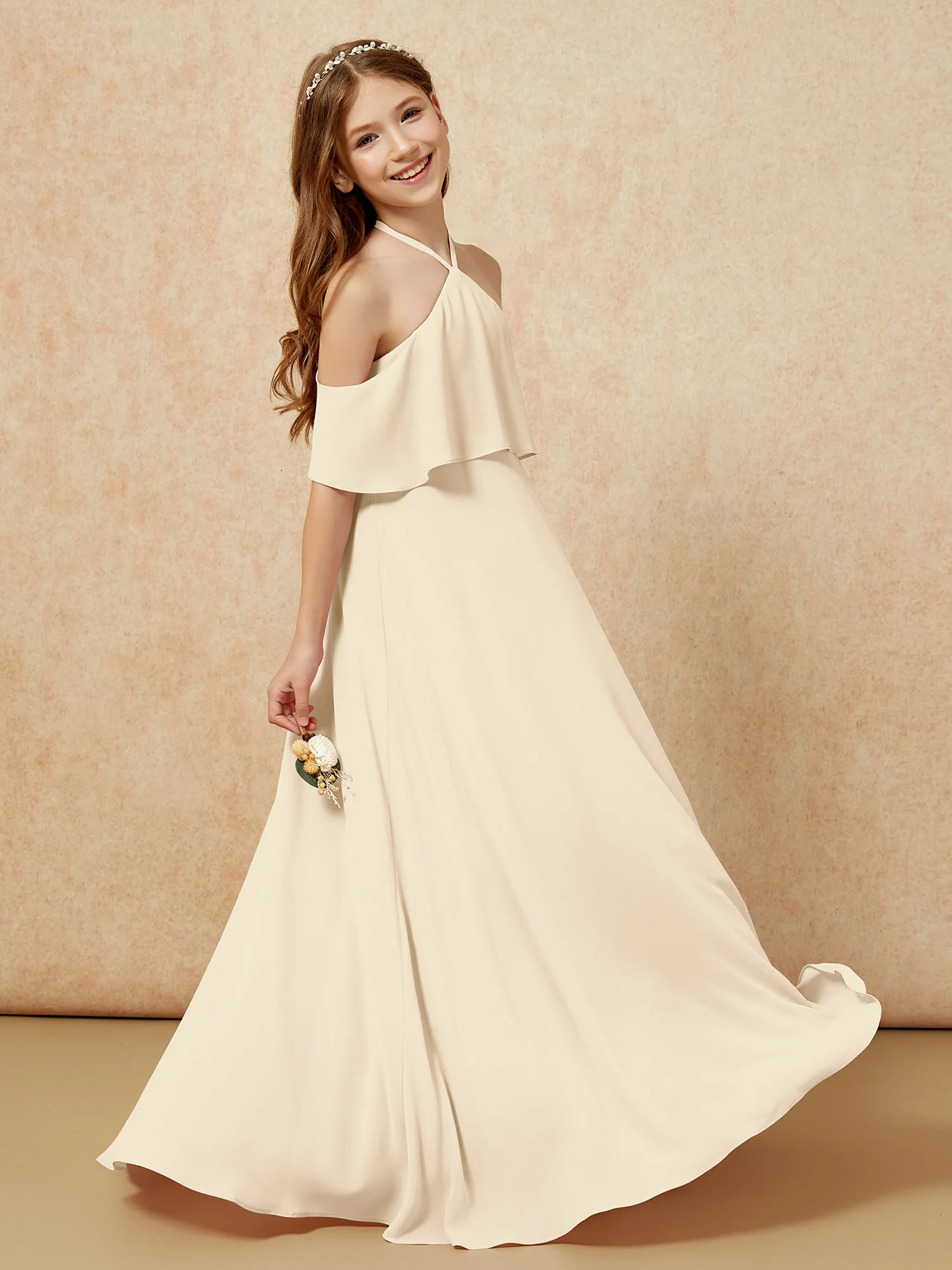 Simple Halter Floor-length Junior Bridesmaid Dress Champagne - Image 5