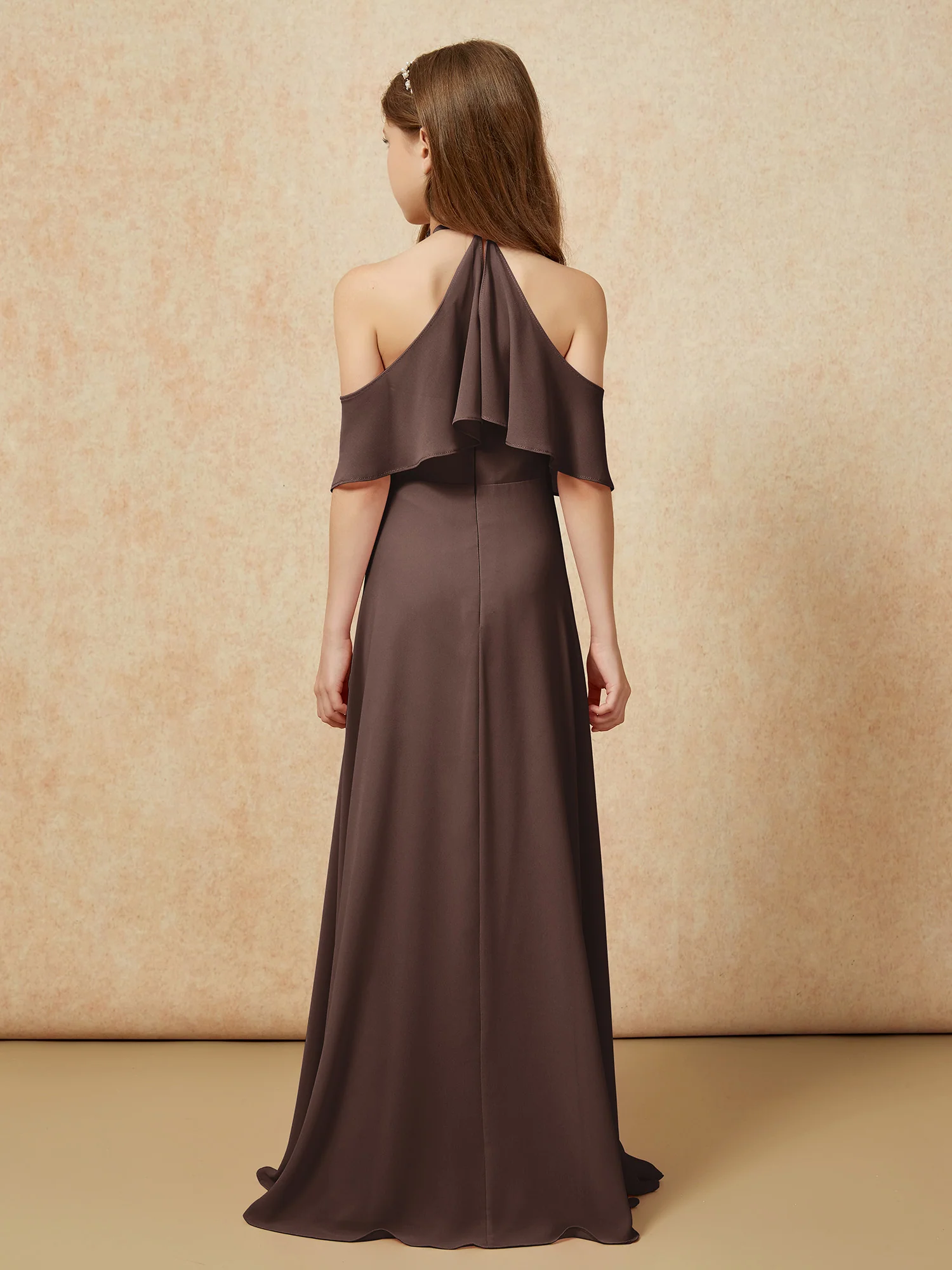 Simple Halter Floor-length Junior Bridesmaid Dress Chocolate - Image 2