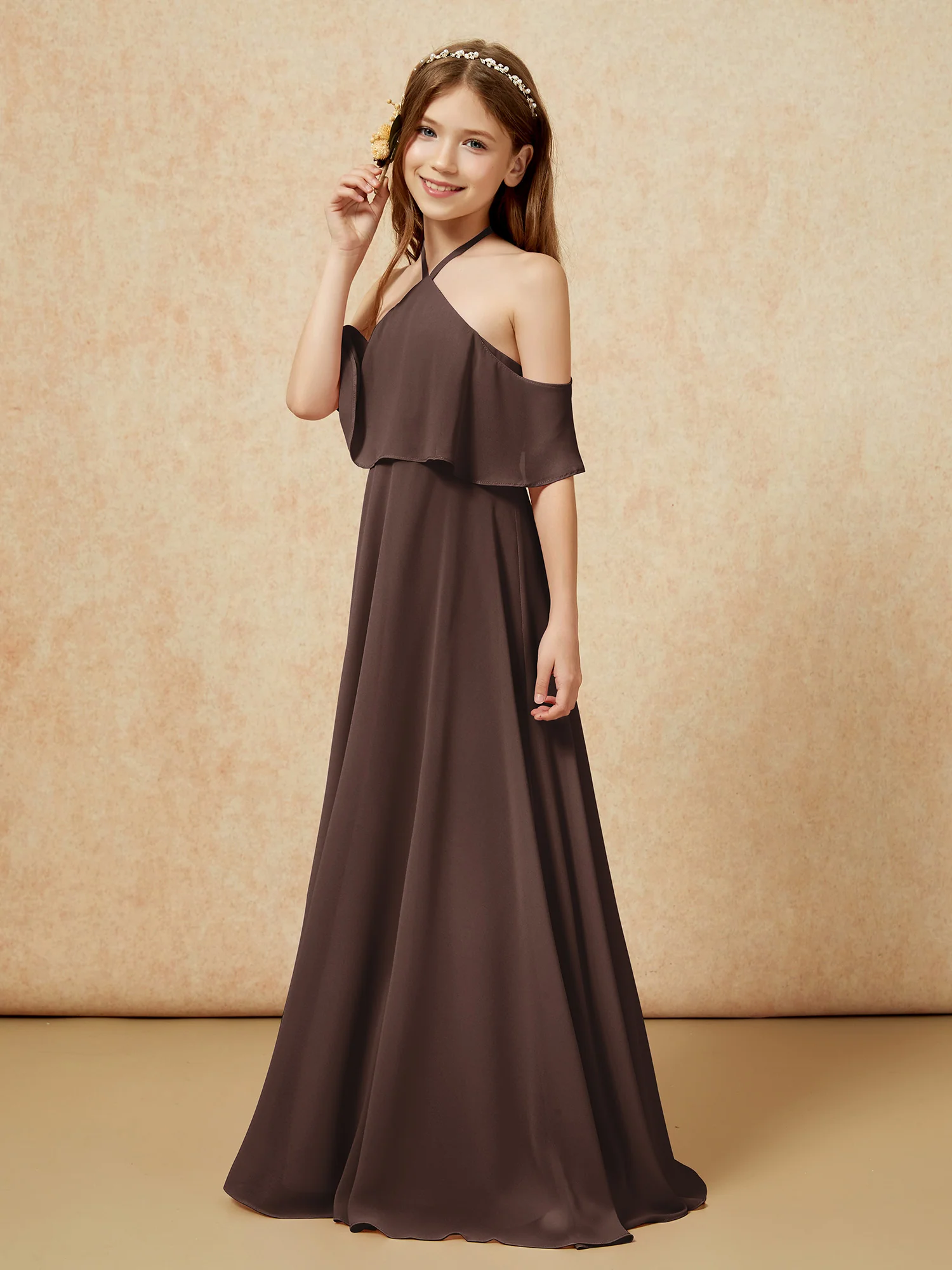 Simple Halter Floor-length Junior Bridesmaid Dress Chocolate - Image 3