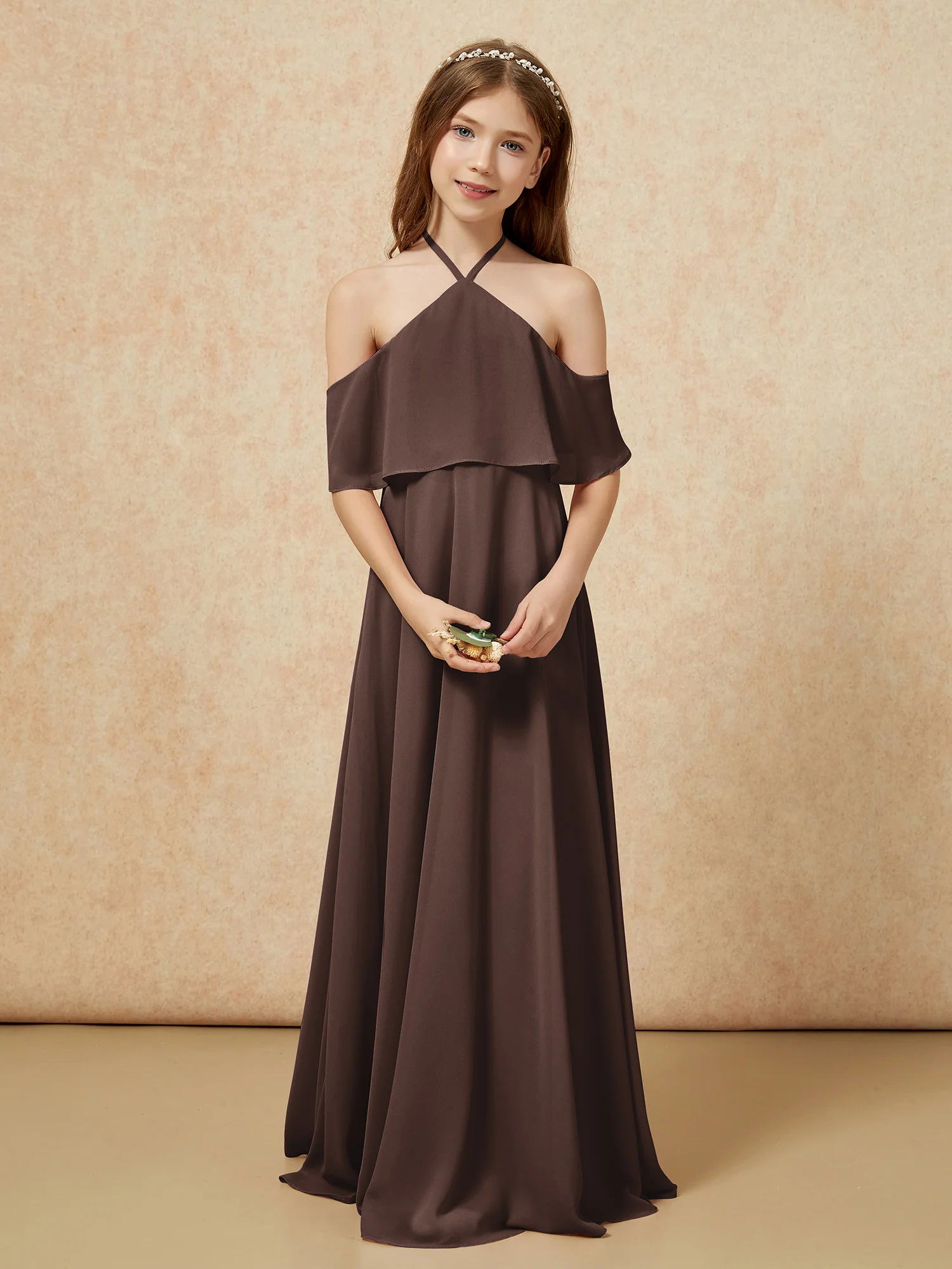Simple Halter Floor-length Junior Bridesmaid Dress Chocolate - Image 4