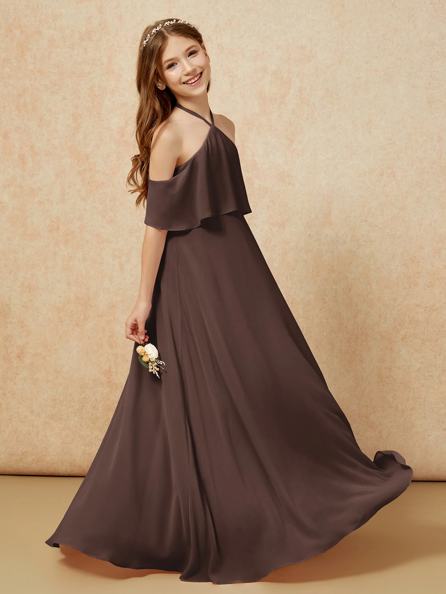 Simple Halter Floor-length Junior Bridesmaid Dress Chocolate - Image 5