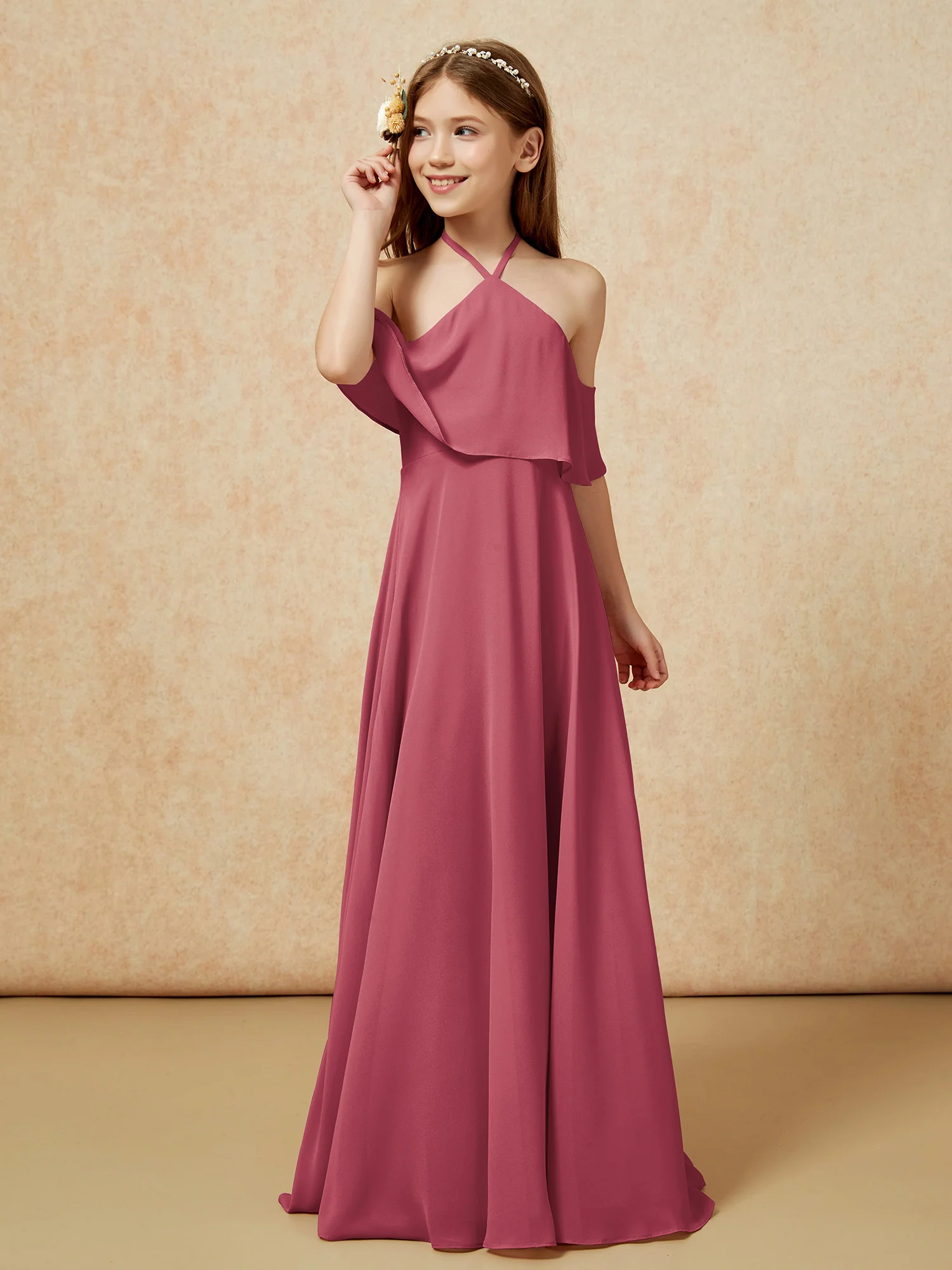 Simple Halter Floor-length Junior Bridesmaid Dress Cinnamon Rose