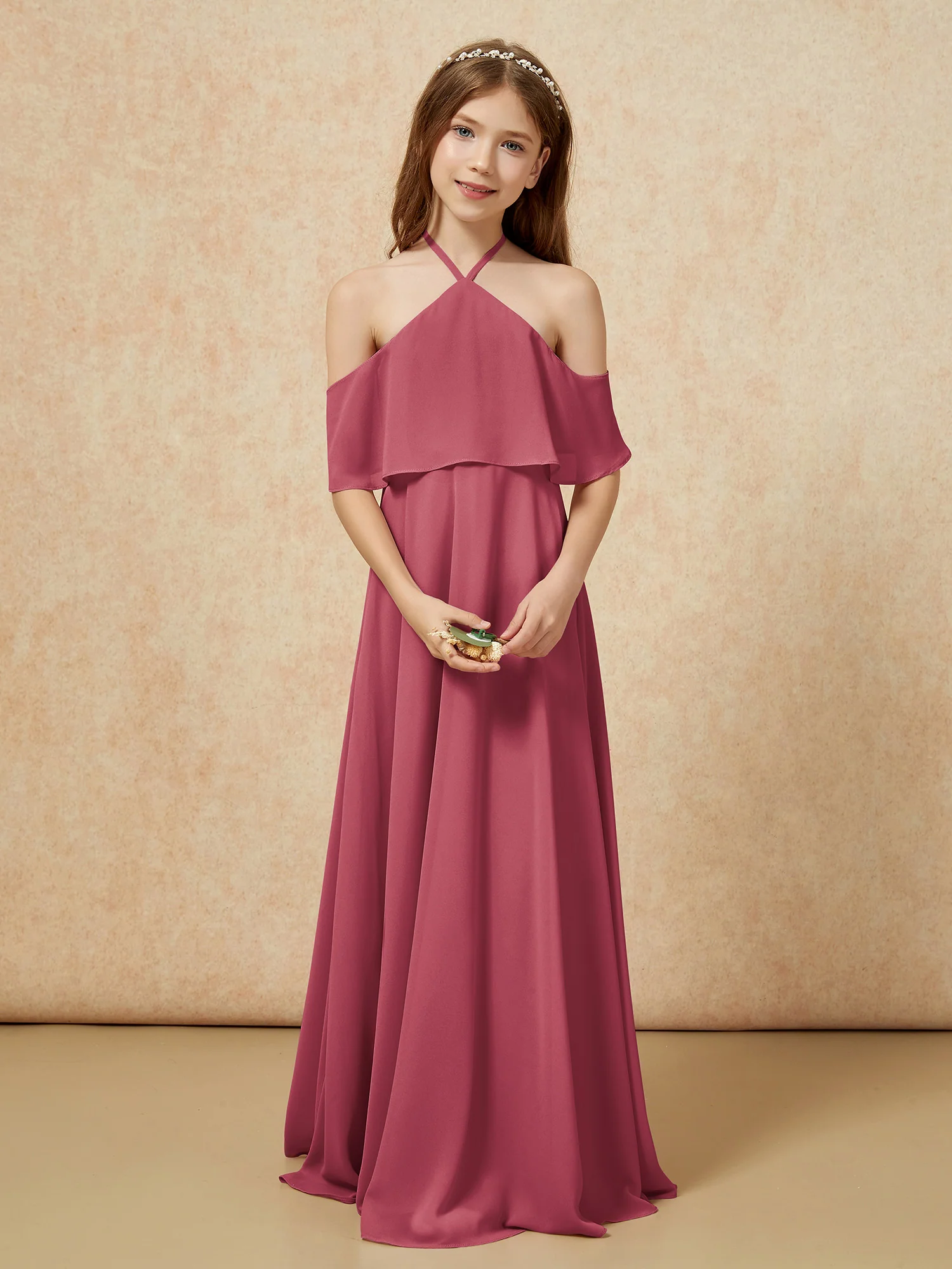 Simple Halter Floor-length Junior Bridesmaid Dress Cinnamon Rose - Image 4