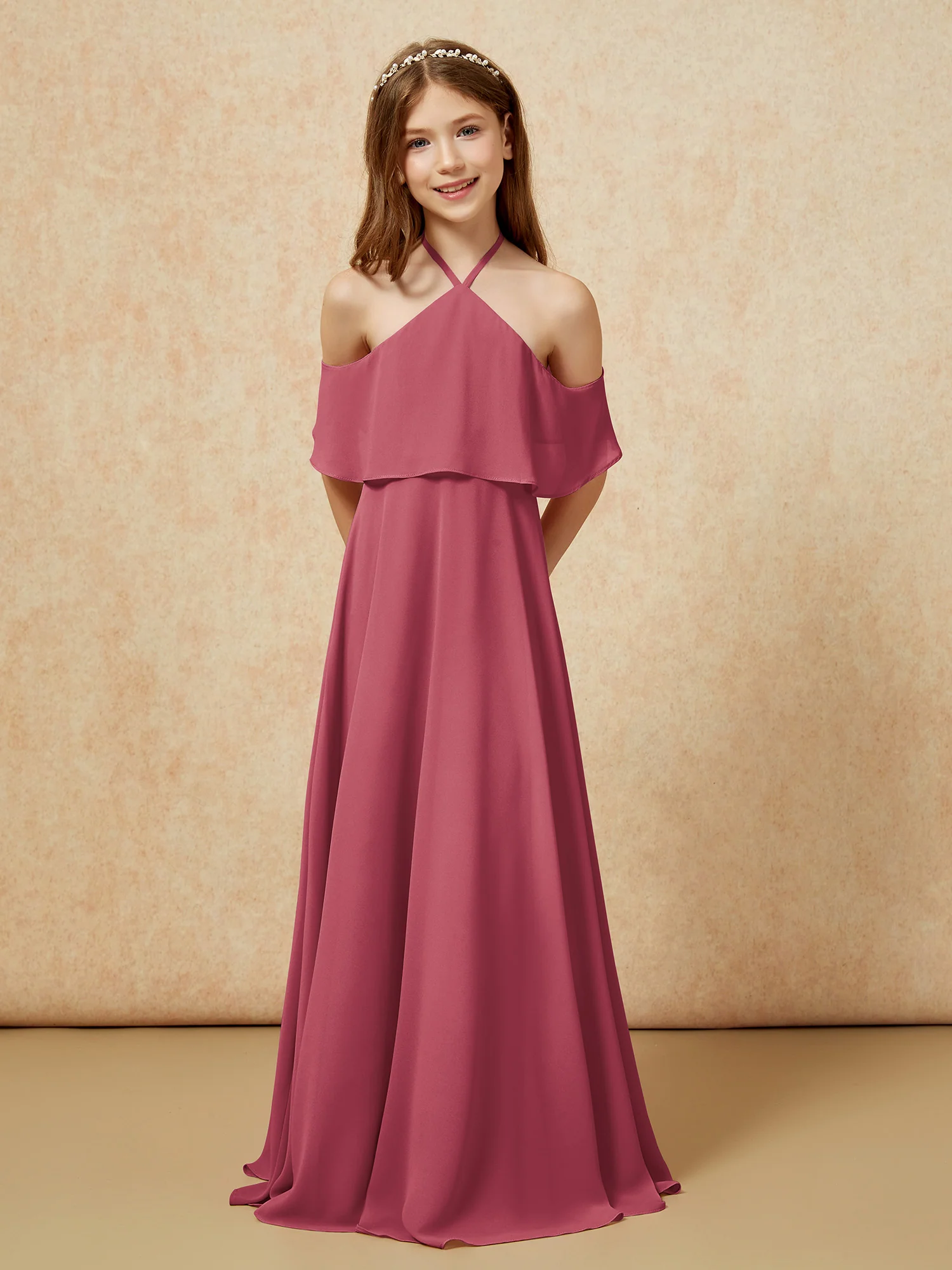 Simple Halter Floor-length Junior Bridesmaid Dress Cinnamon Rose - Image 6