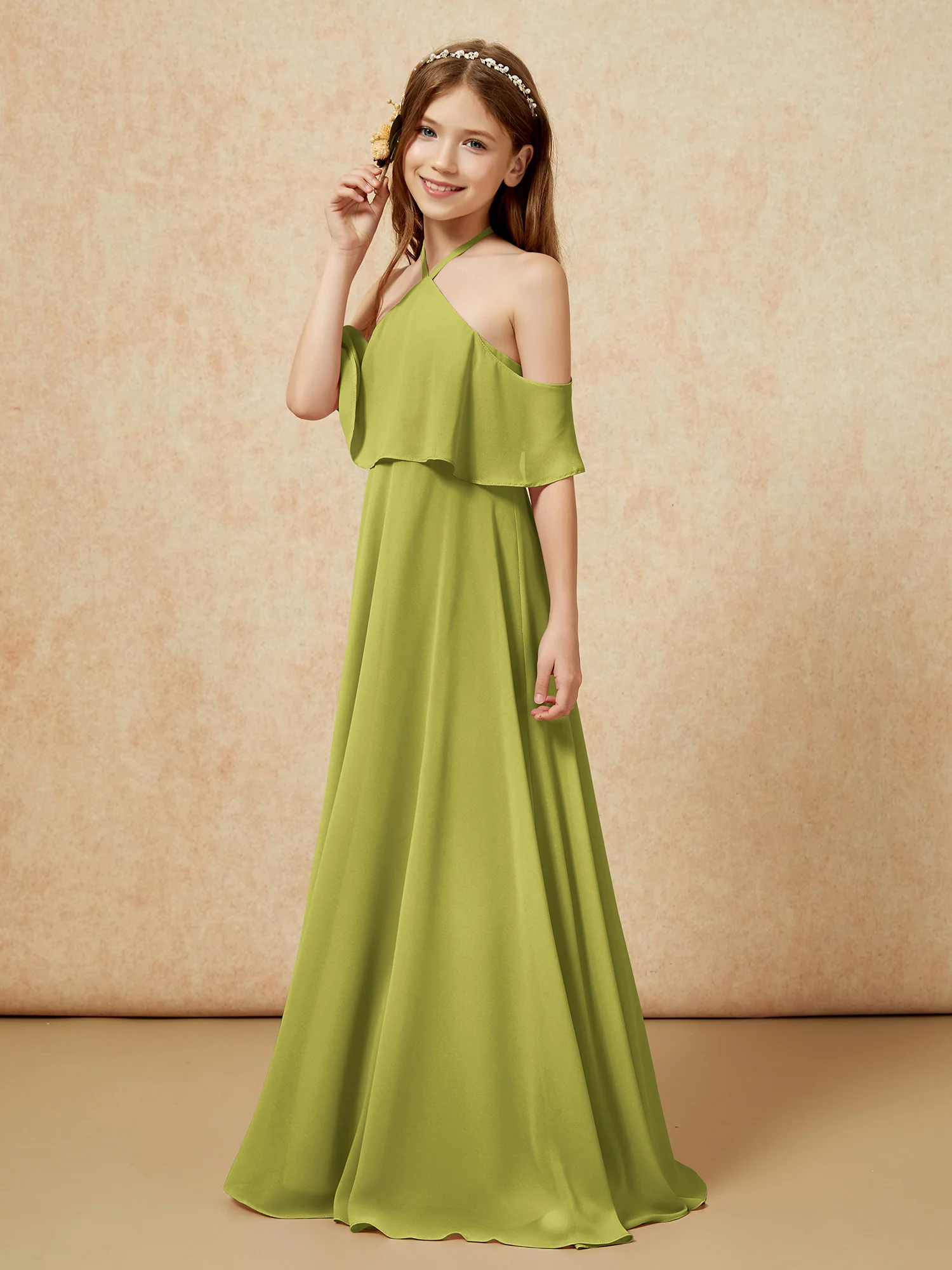 Simple Halter Floor-length Junior Bridesmaid Dress Clover - Image 3