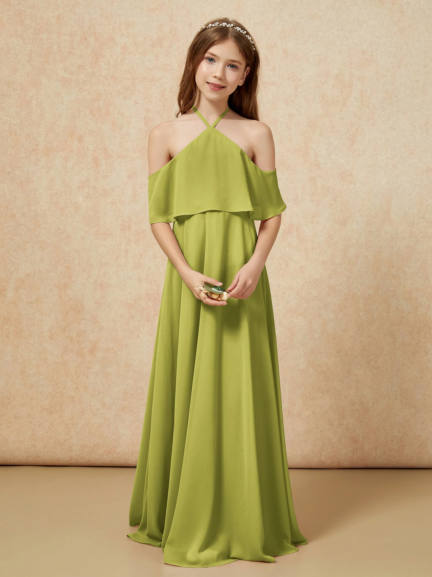 Simple Halter Floor-length Junior Bridesmaid Dress Clover - Image 4