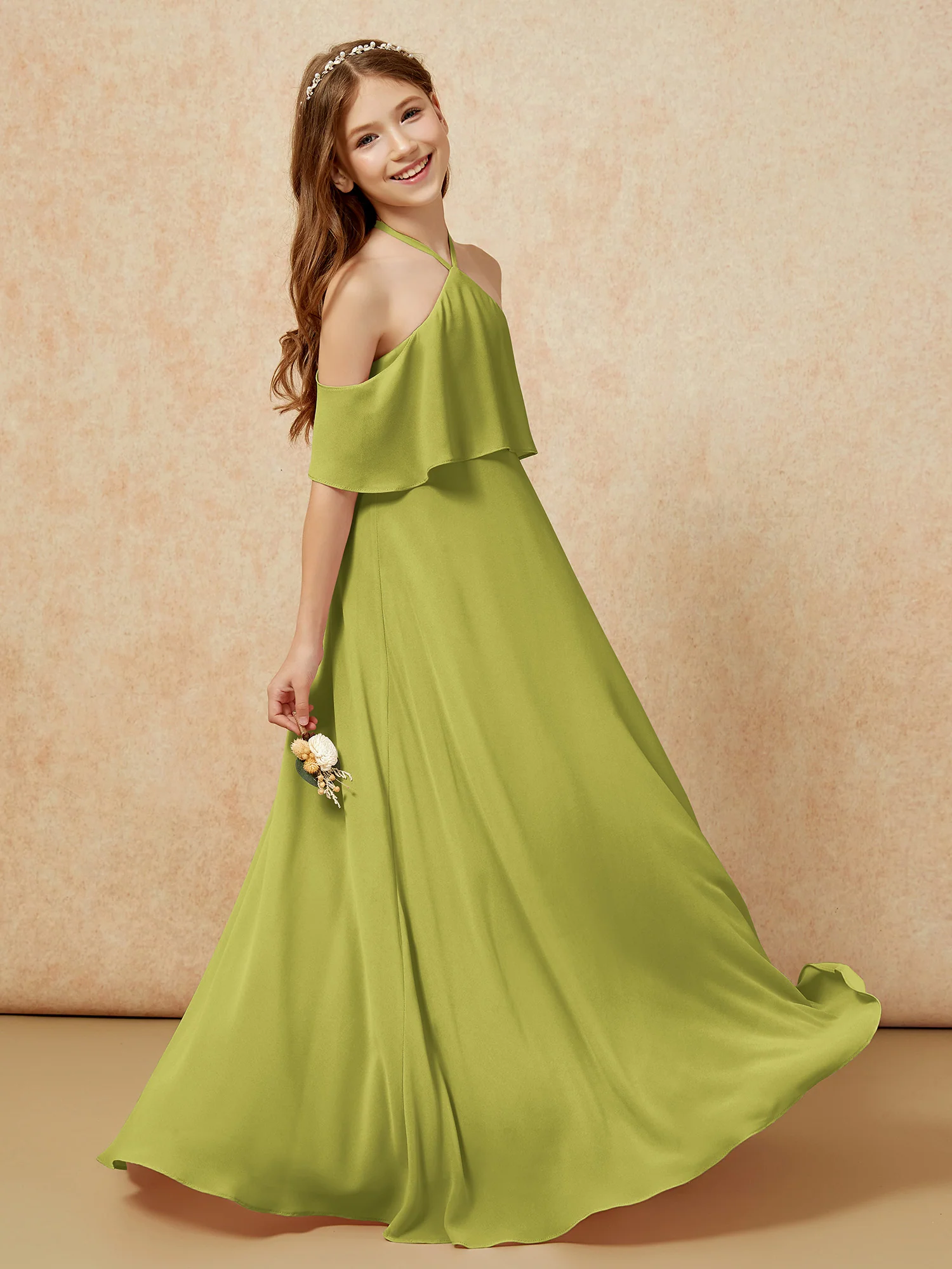 Simple Halter Floor-length Junior Bridesmaid Dress Clover - Image 5