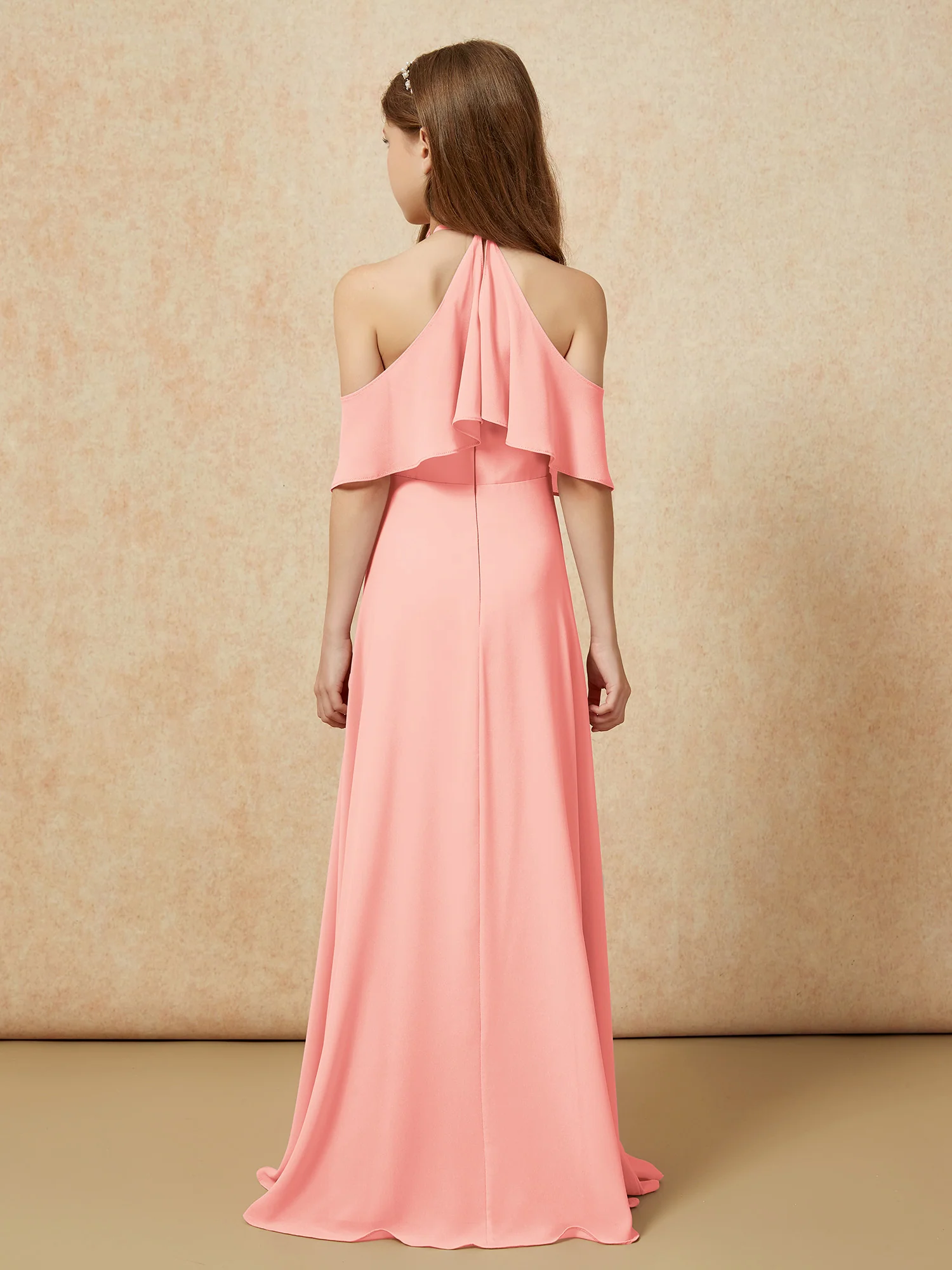 Simple Halter Floor-length Junior Bridesmaid Dress Coral - Image 2