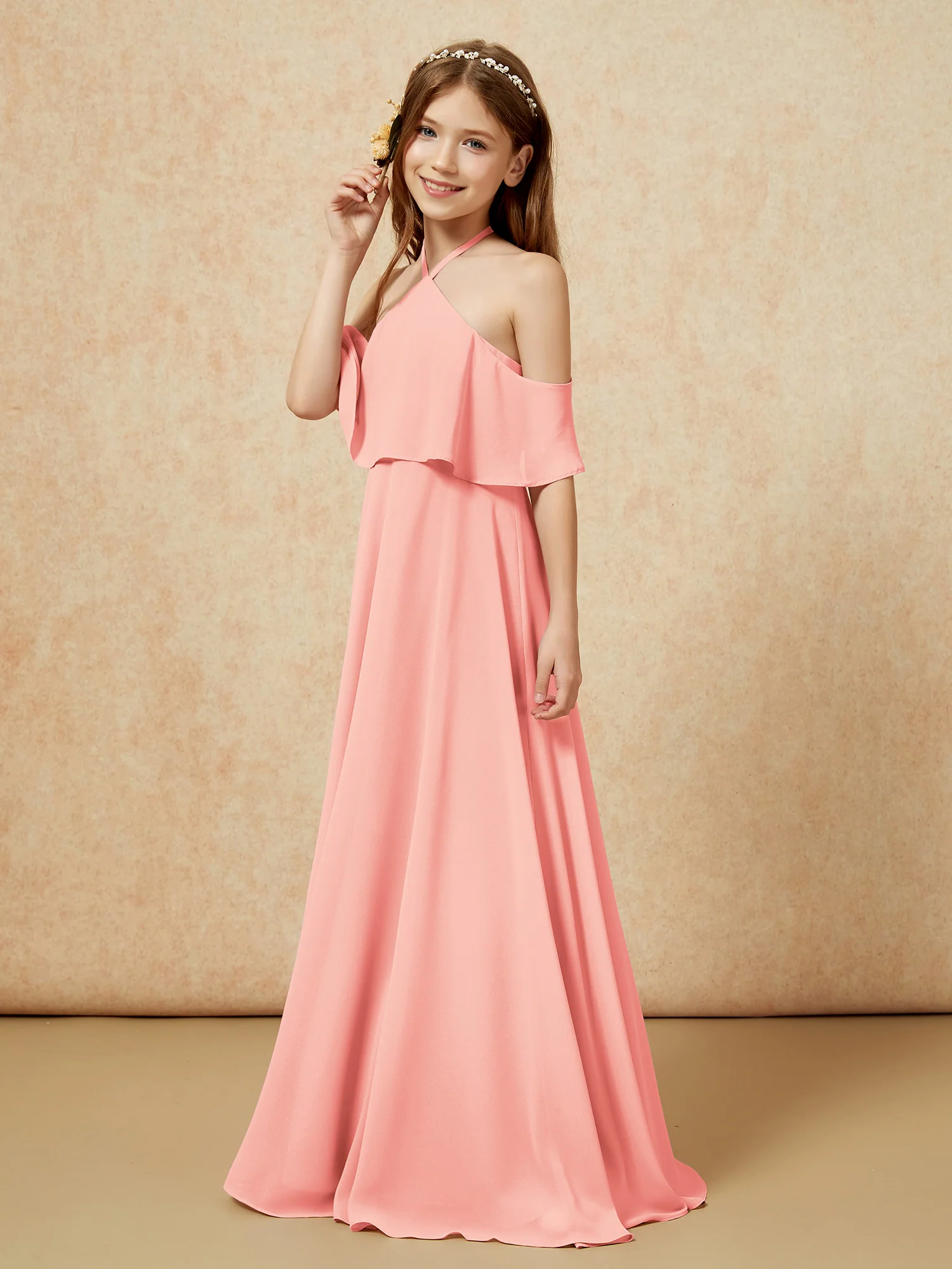 Simple Halter Floor-length Junior Bridesmaid Dress Coral - Image 3
