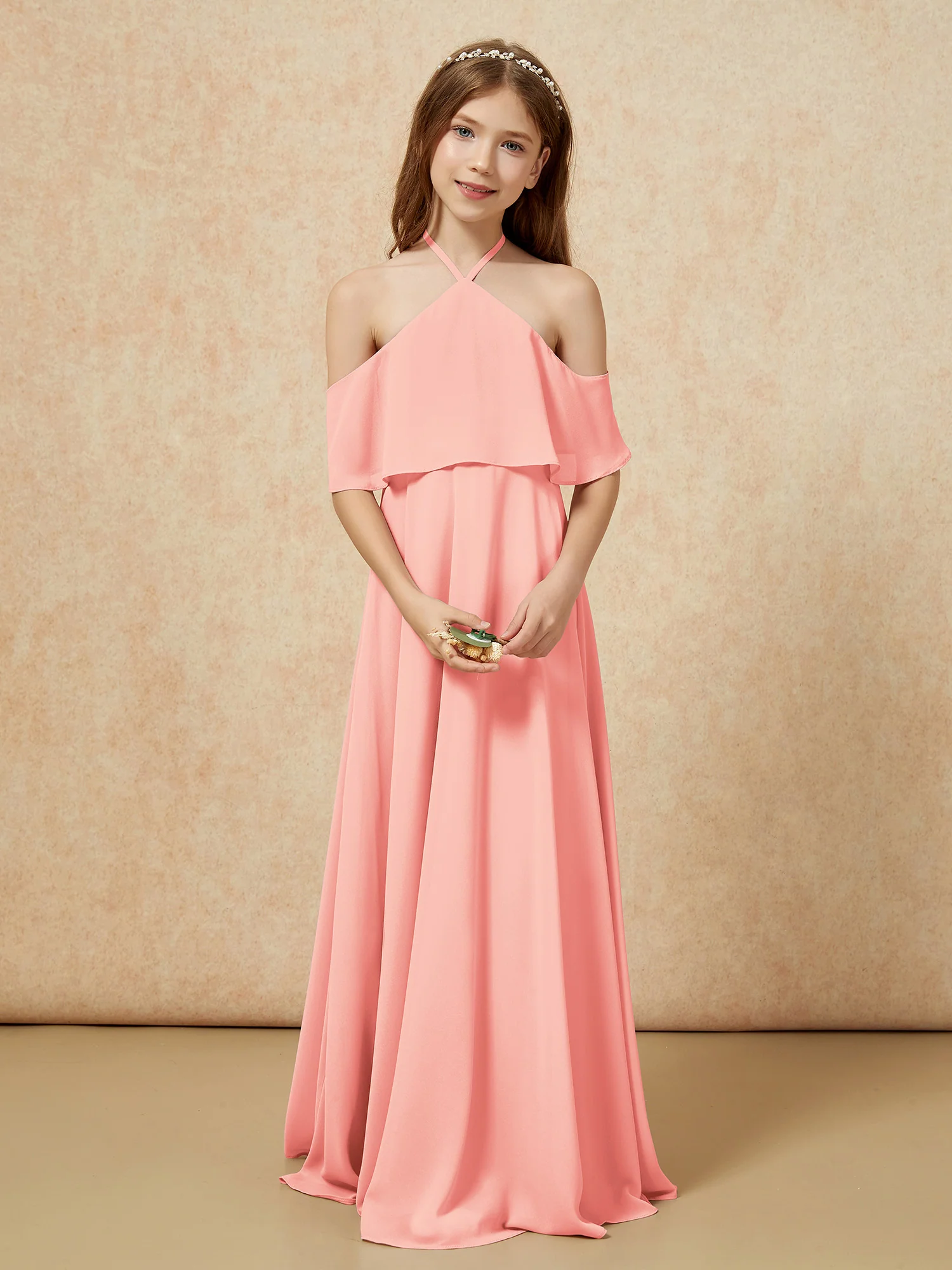 Simple Halter Floor-length Junior Bridesmaid Dress Coral - Image 4