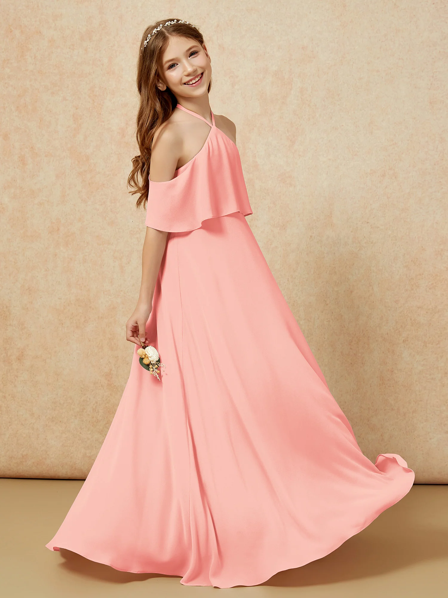 Simple Halter Floor-length Junior Bridesmaid Dress Coral - Image 5