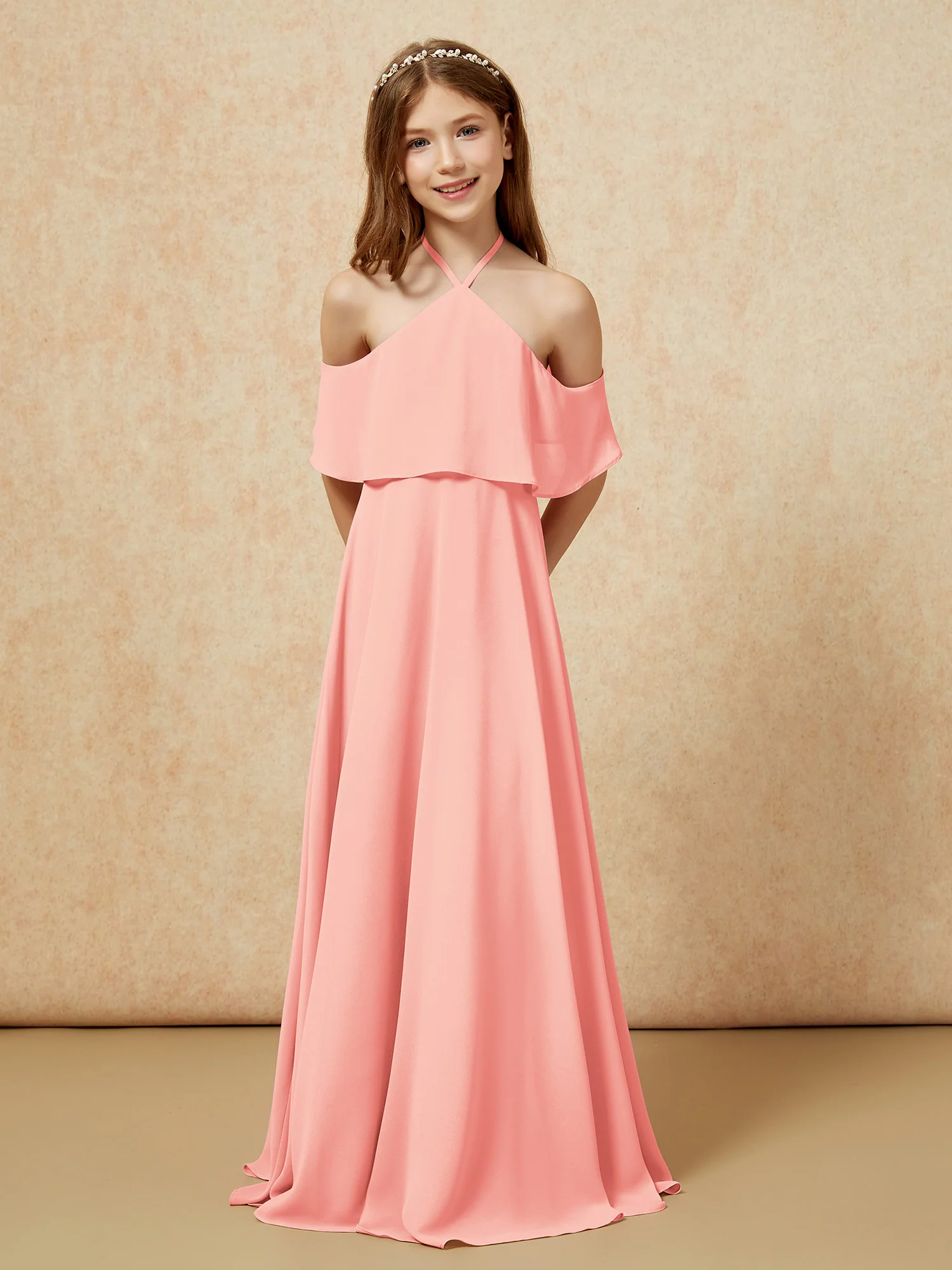 Simple Halter Floor-length Junior Bridesmaid Dress Coral - Image 6