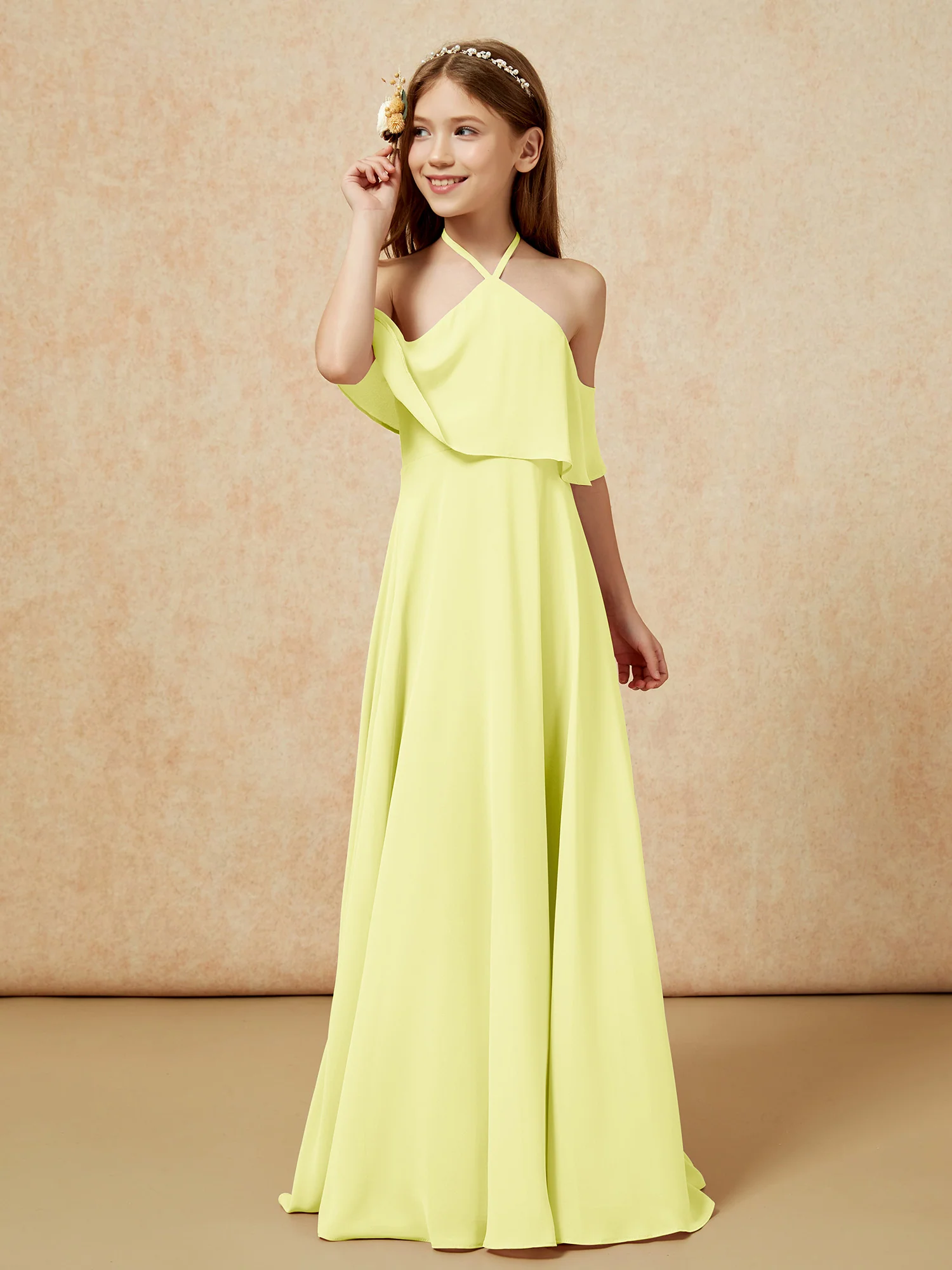 Simple Halter Floor-length Junior Bridesmaid Dress Daffodil