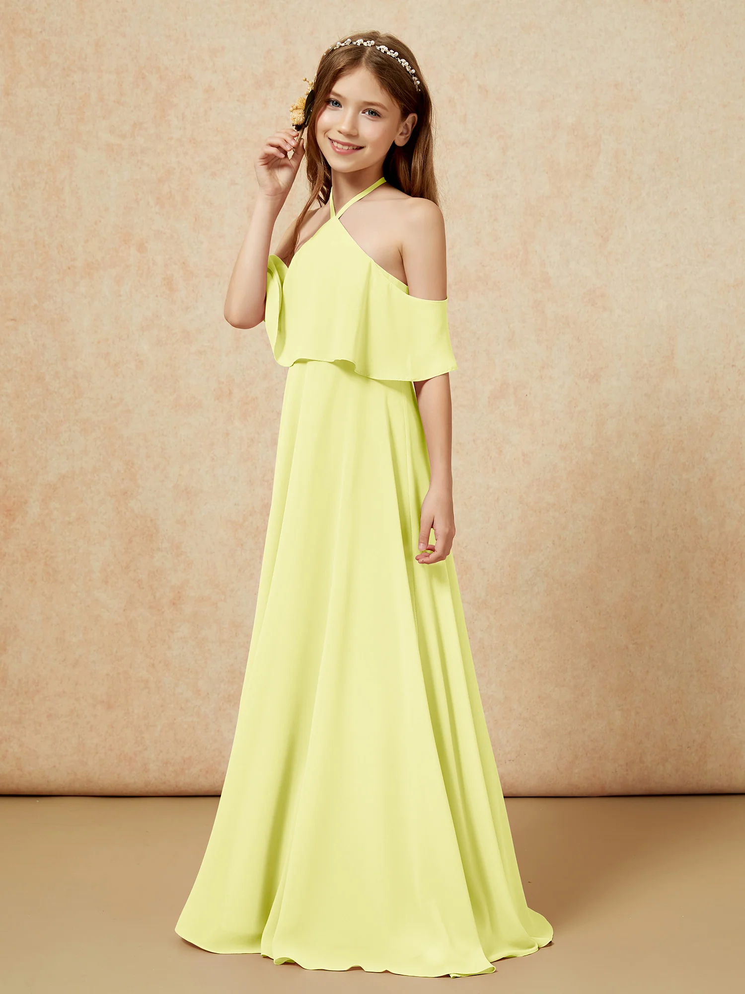 Simple Halter Floor-length Junior Bridesmaid Dress Daffodil - Image 3
