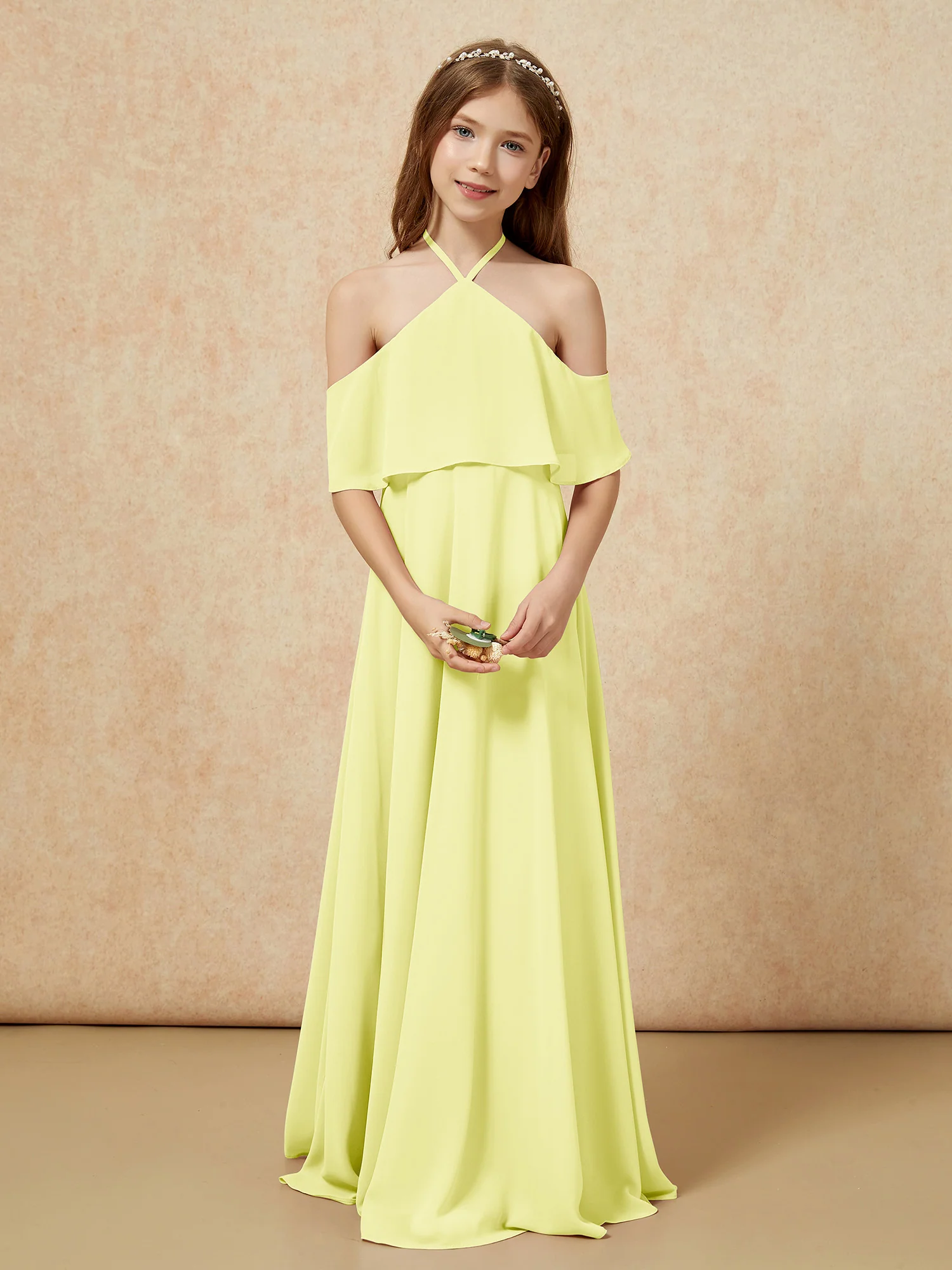 Simple Halter Floor-length Junior Bridesmaid Dress Daffodil - Image 4