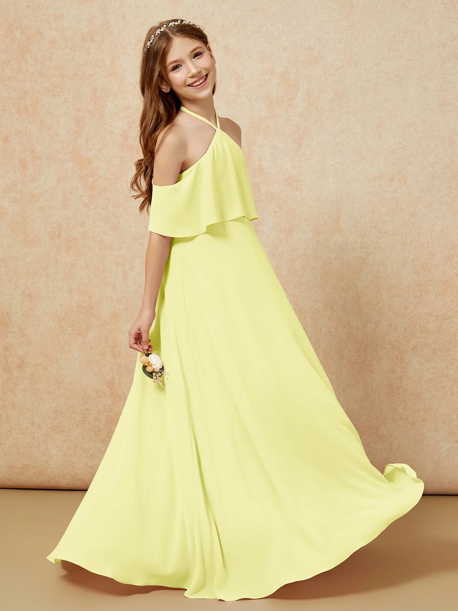 Simple Halter Floor-length Junior Bridesmaid Dress Daffodil - Image 5