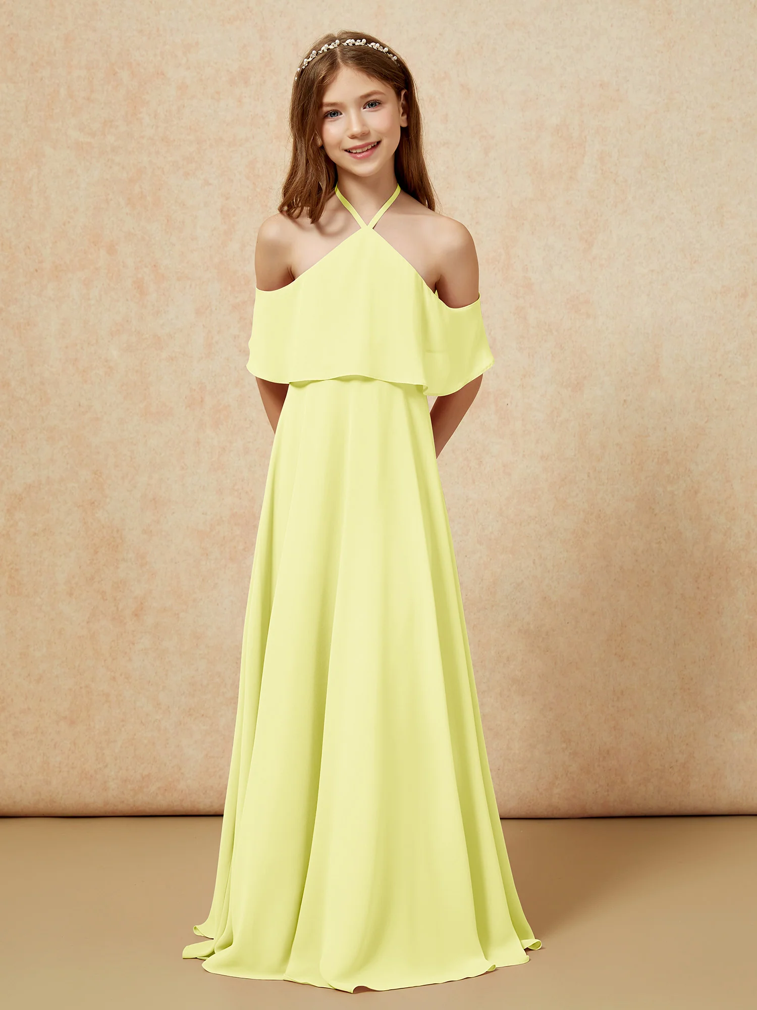 Simple Halter Floor-length Junior Bridesmaid Dress Daffodil - Image 6