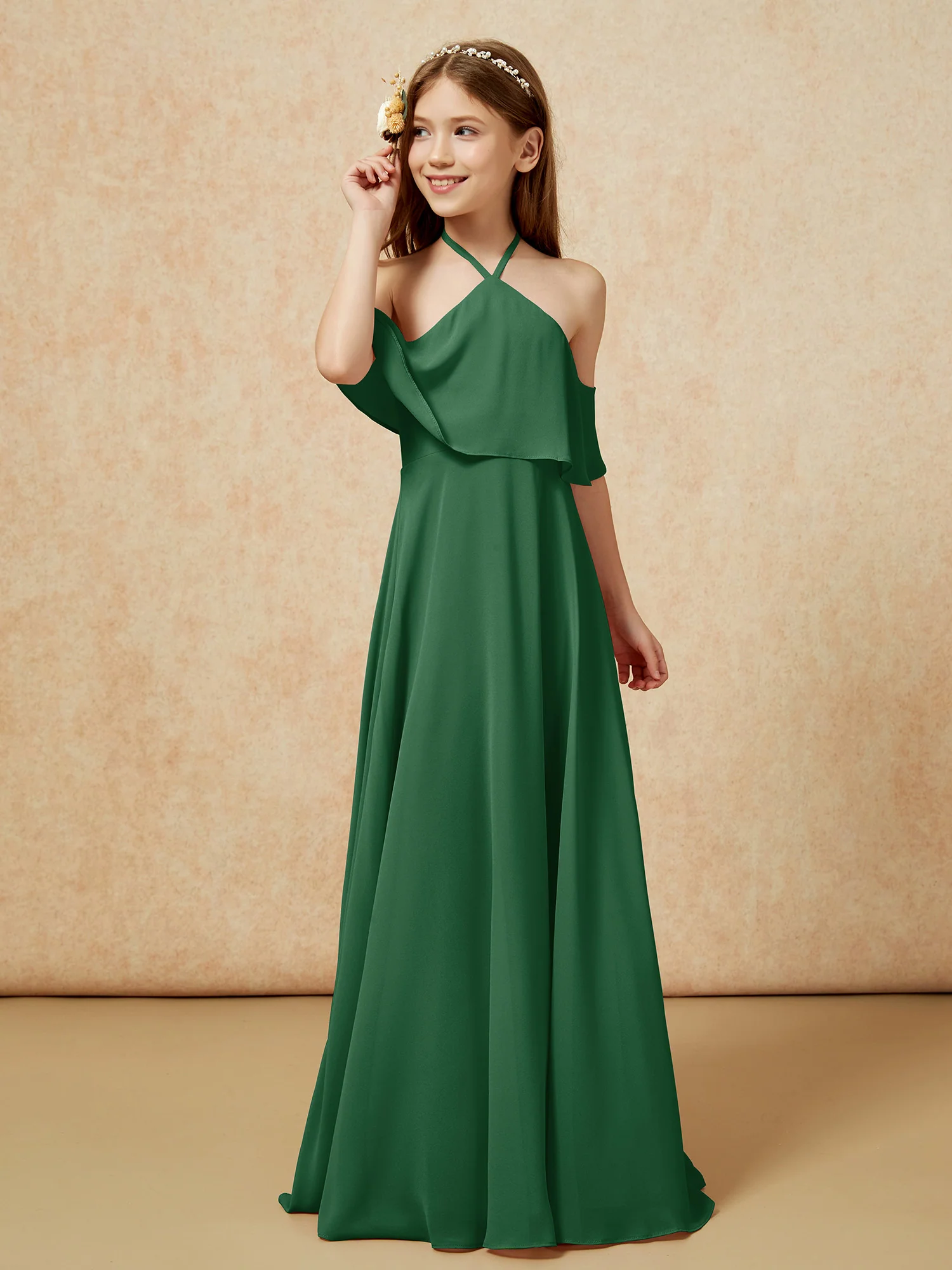 Simple Halter Floor-length Junior Bridesmaid Dress Dark Green