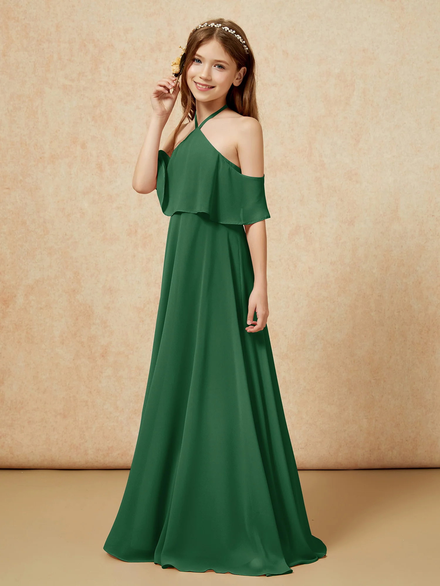 Simple Halter Floor-length Junior Bridesmaid Dress Dark Green - Image 3