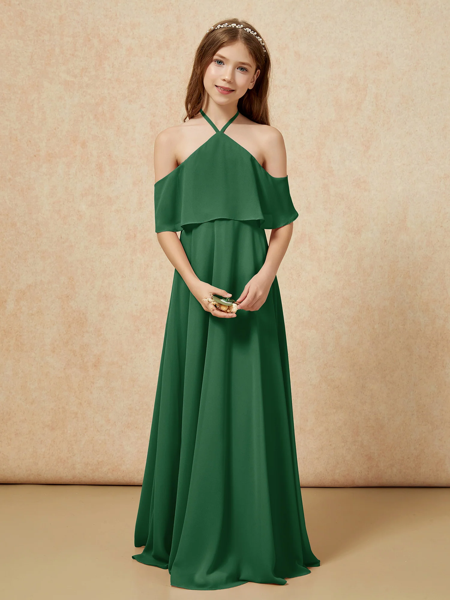 Simple Halter Floor-length Junior Bridesmaid Dress Dark Green - Image 4