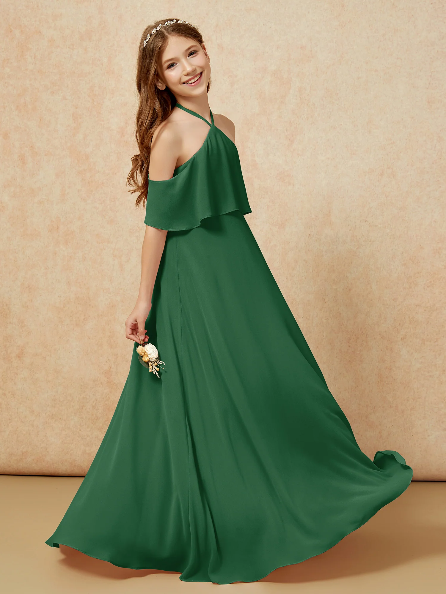 Simple Halter Floor-length Junior Bridesmaid Dress Dark Green - Image 5