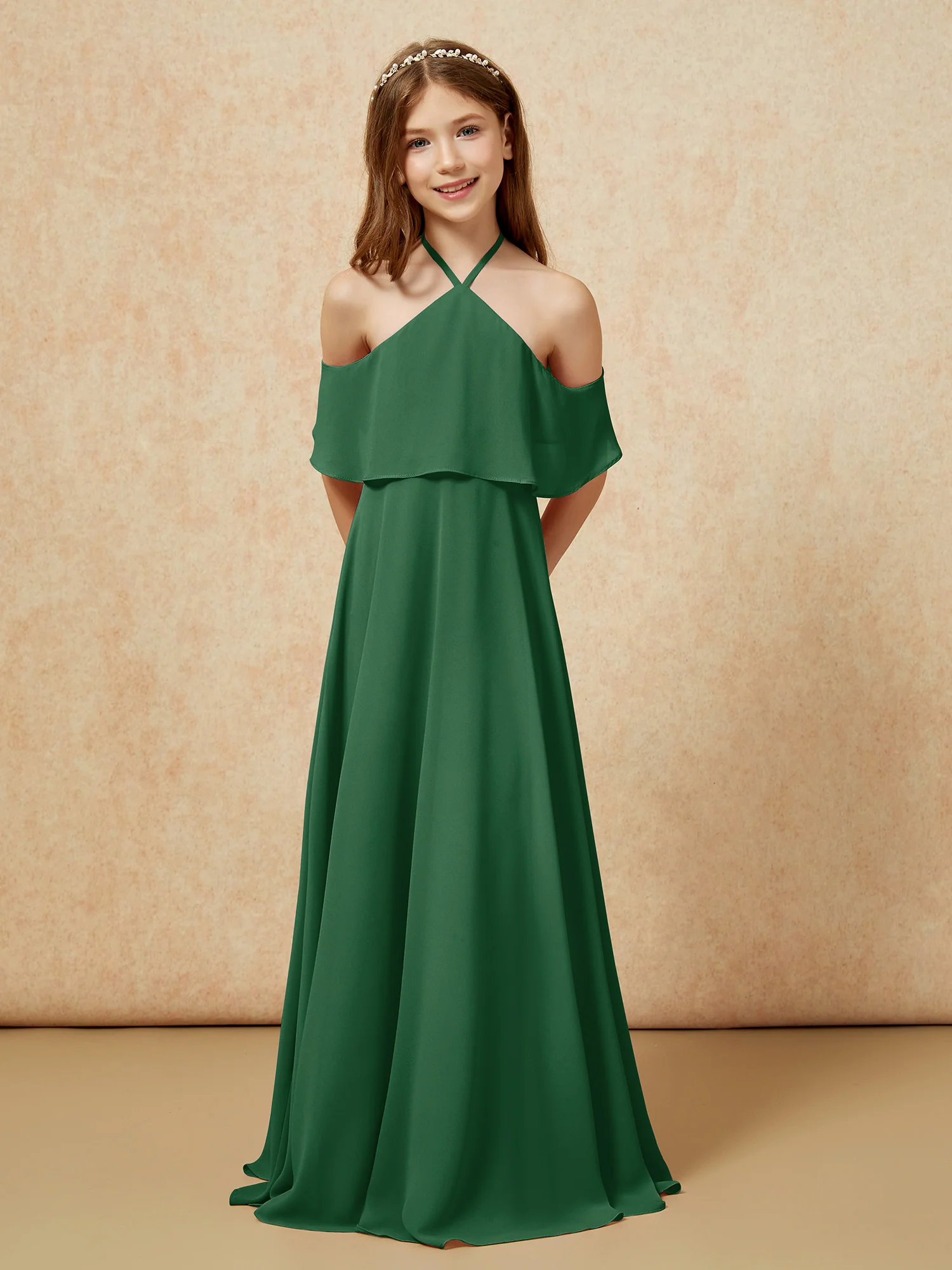 Simple Halter Floor-length Junior Bridesmaid Dress Dark Green - Image 6