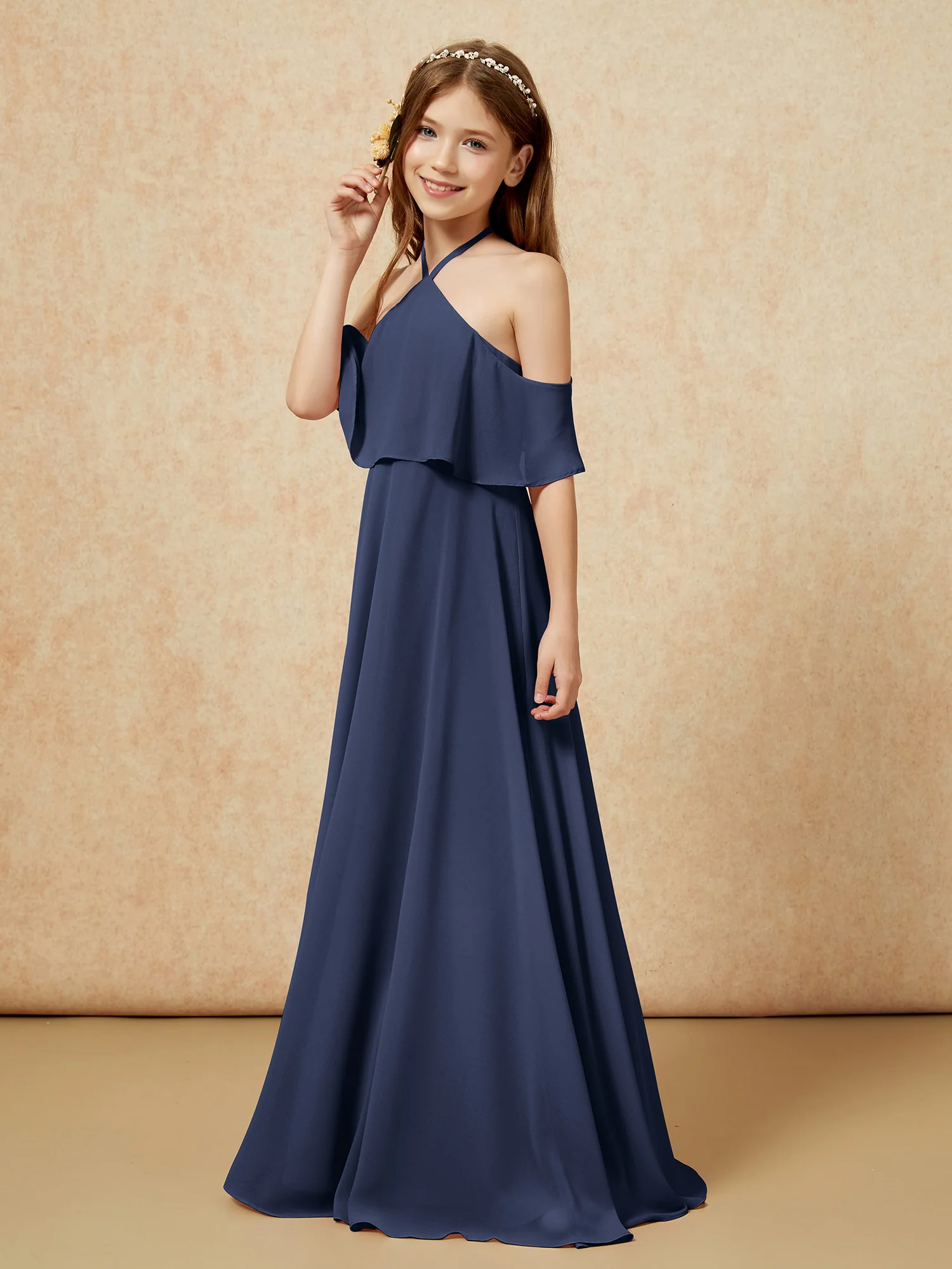 Simple Halter Floor-length Junior Bridesmaid Dress Dark Navy - Image 3