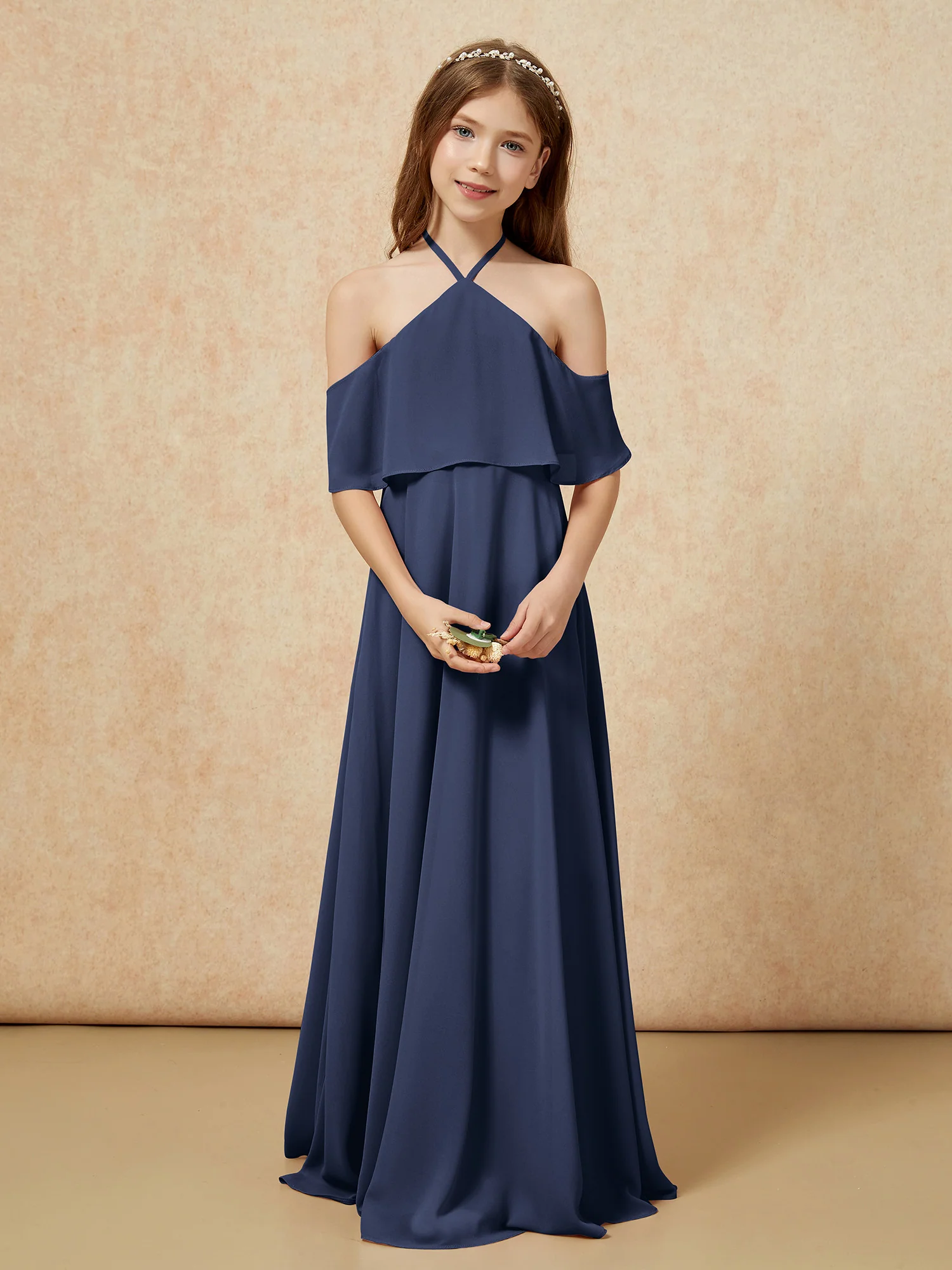 Simple Halter Floor-length Junior Bridesmaid Dress Dark Navy - Image 4