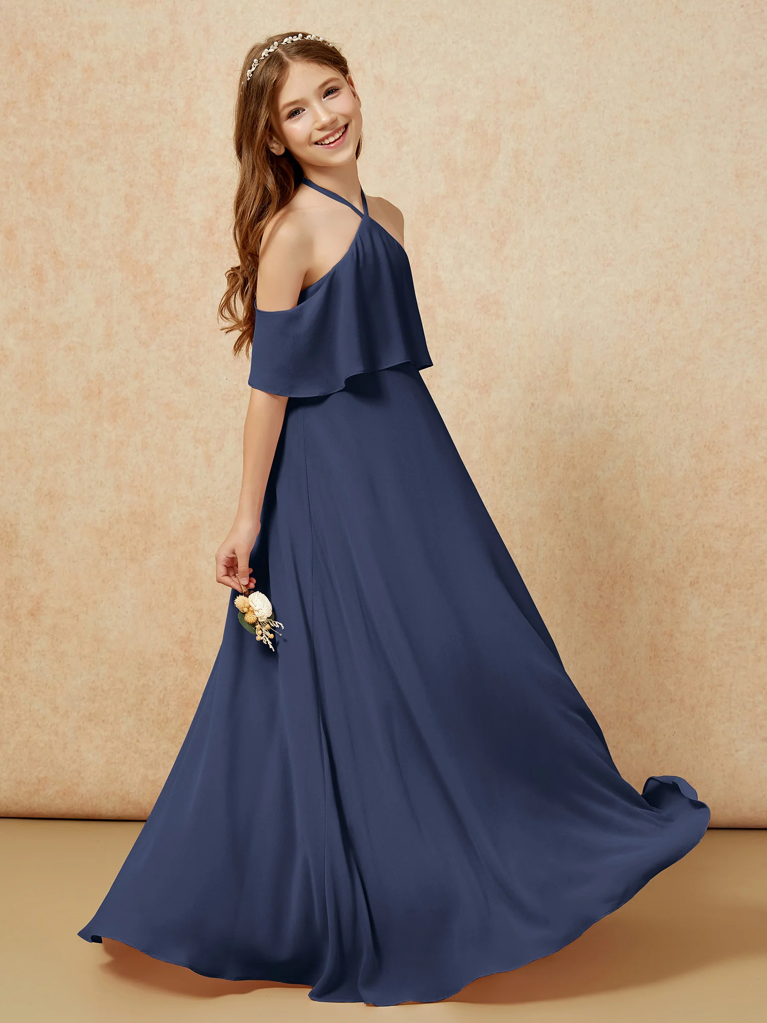 Simple Halter Floor-length Junior Bridesmaid Dress Dark Navy - Image 5