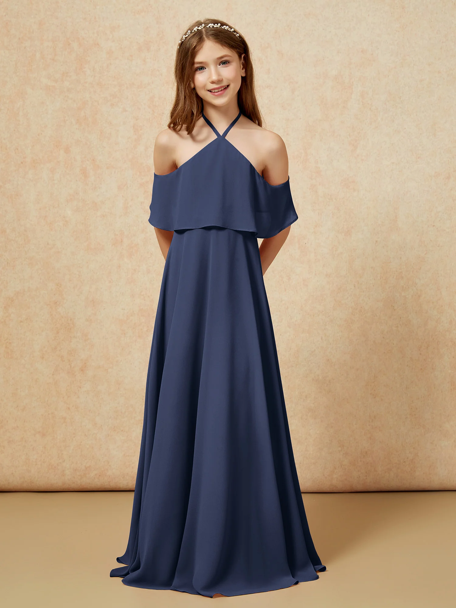 Simple Halter Floor-length Junior Bridesmaid Dress Dark Navy - Image 6