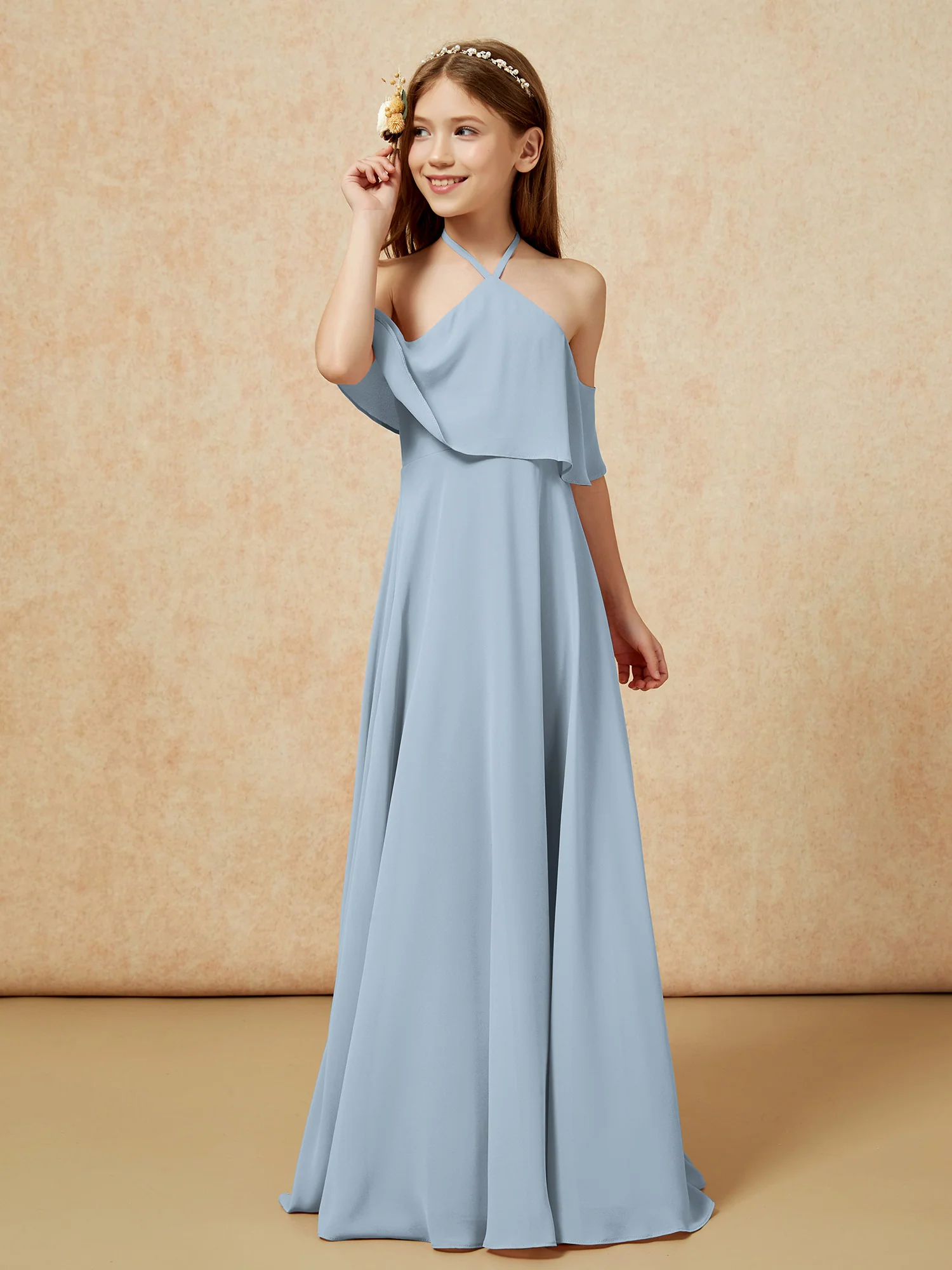 Simple Halter Floor-length Junior Bridesmaid Dress Dusty Blue