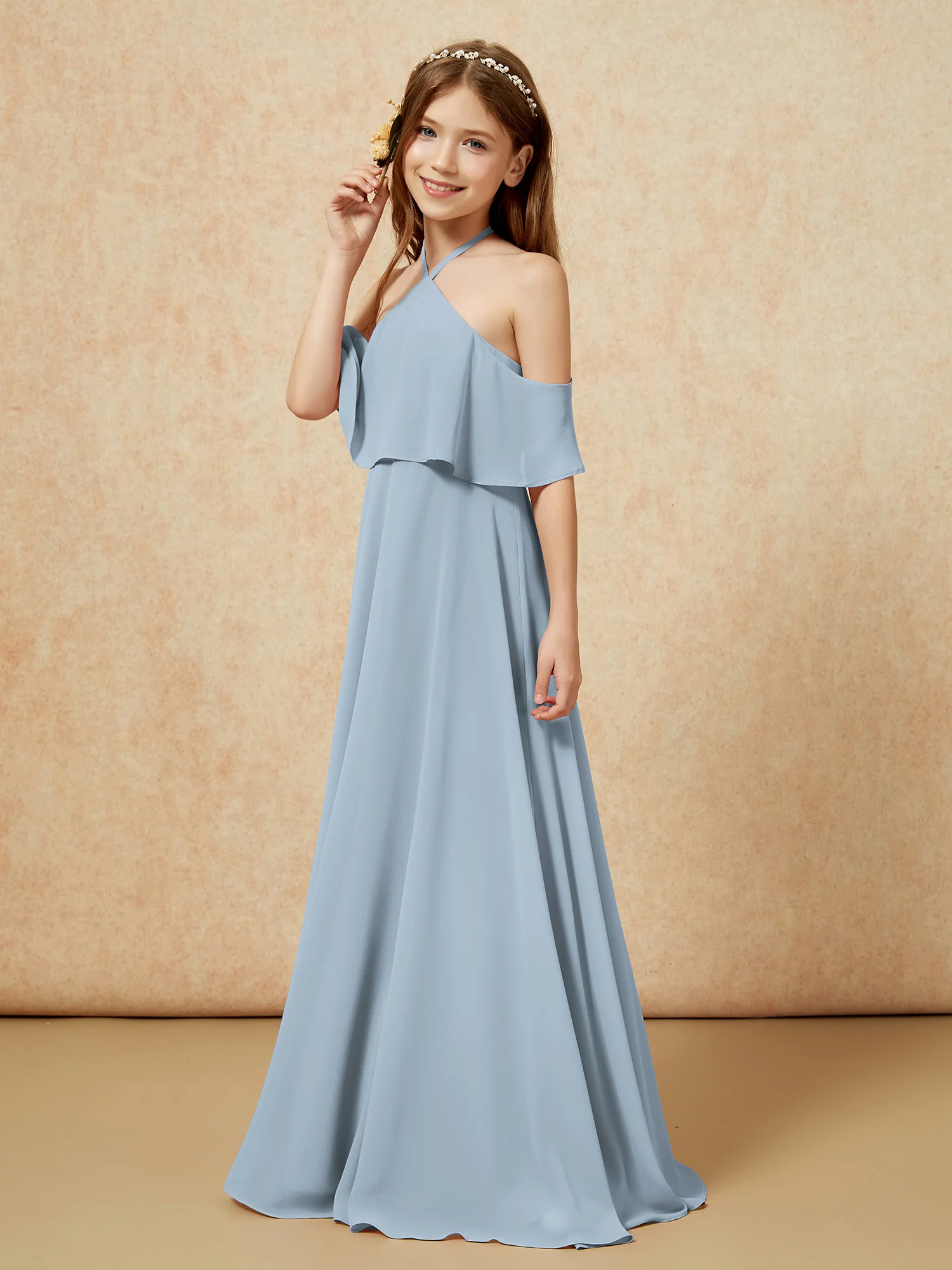 Simple Halter Floor-length Junior Bridesmaid Dress Dusty Blue - Image 3