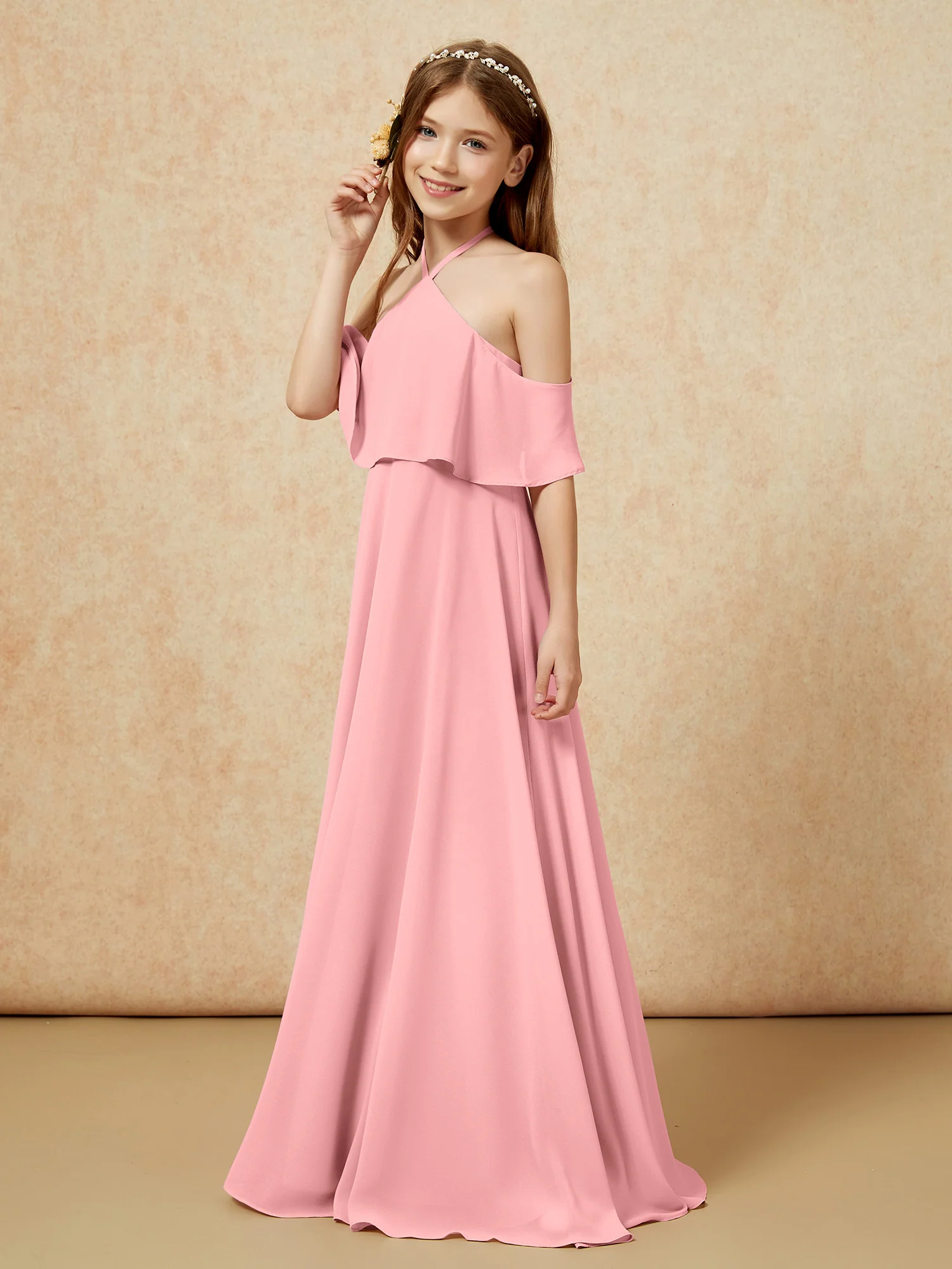 Simple Halter Floor-length Junior Bridesmaid Dress Flamingo - Image 3