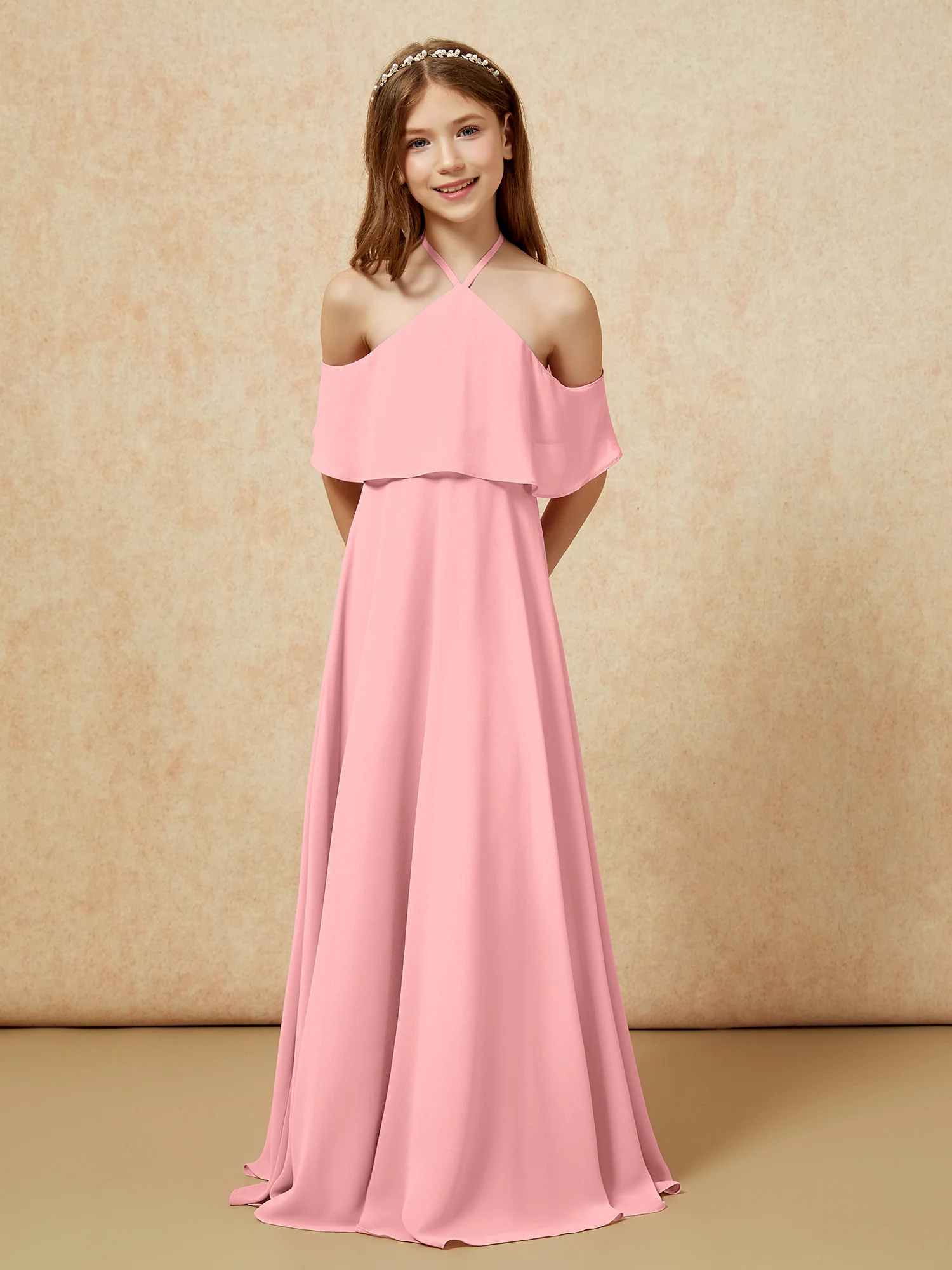 Simple Halter Floor-length Junior Bridesmaid Dress Flamingo - Image 6