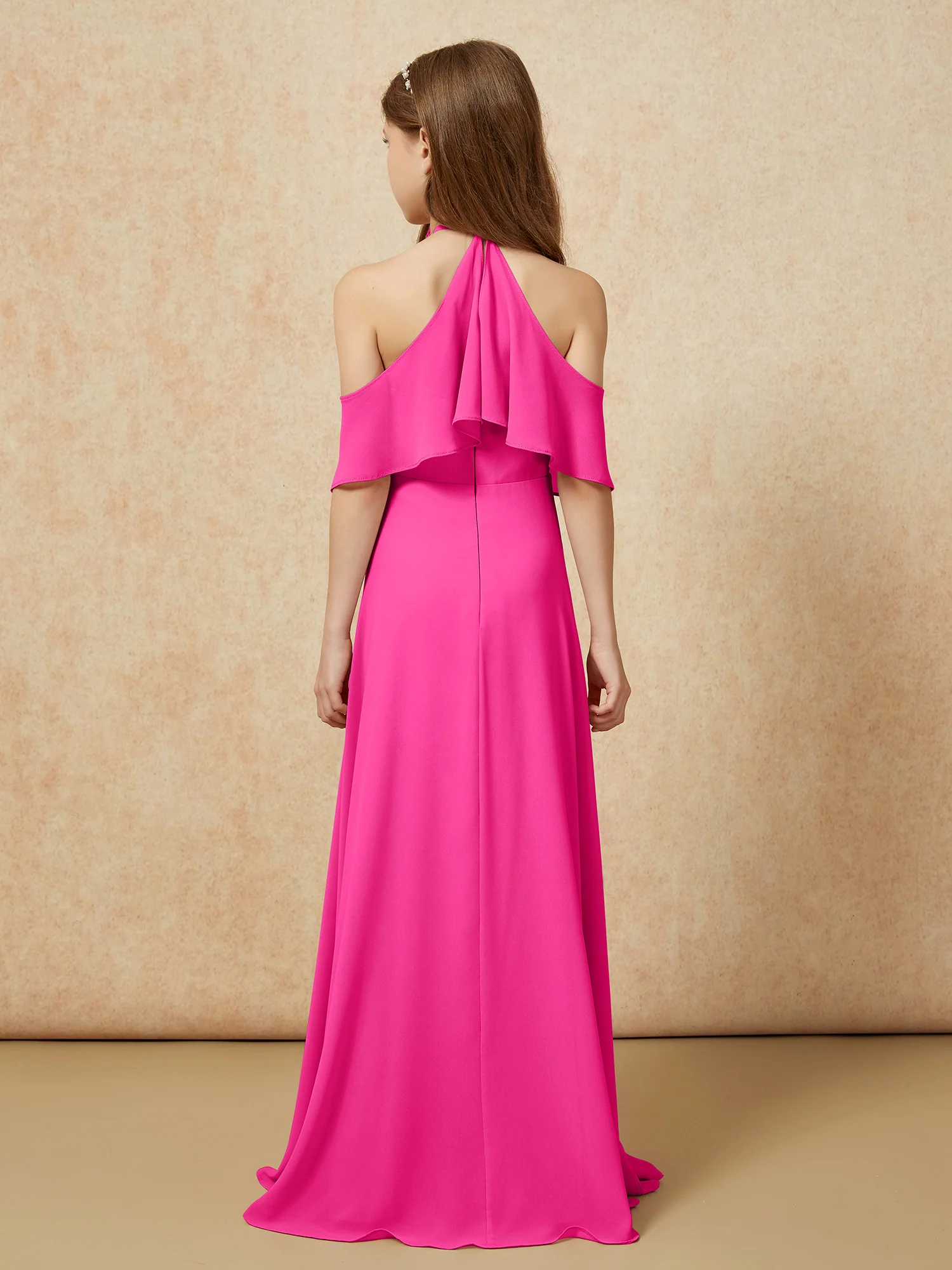 Simple Halter Floor-length Junior Bridesmaid Dress Fuchsia - Image 2