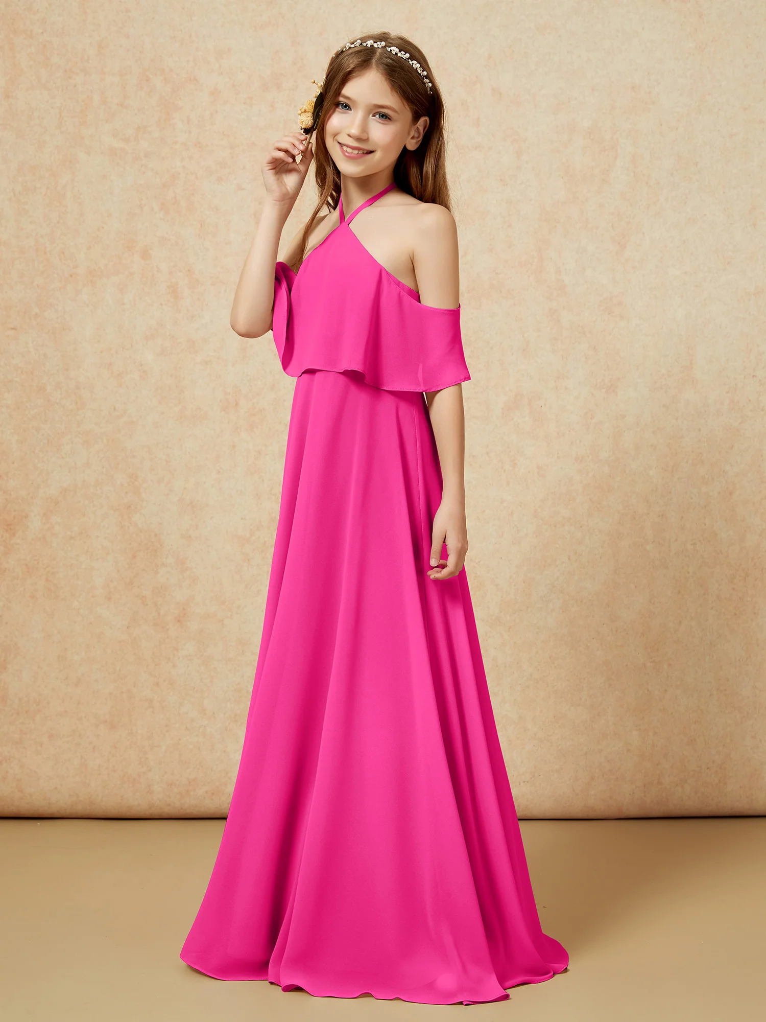 Simple Halter Floor-length Junior Bridesmaid Dress Fuchsia - Image 3