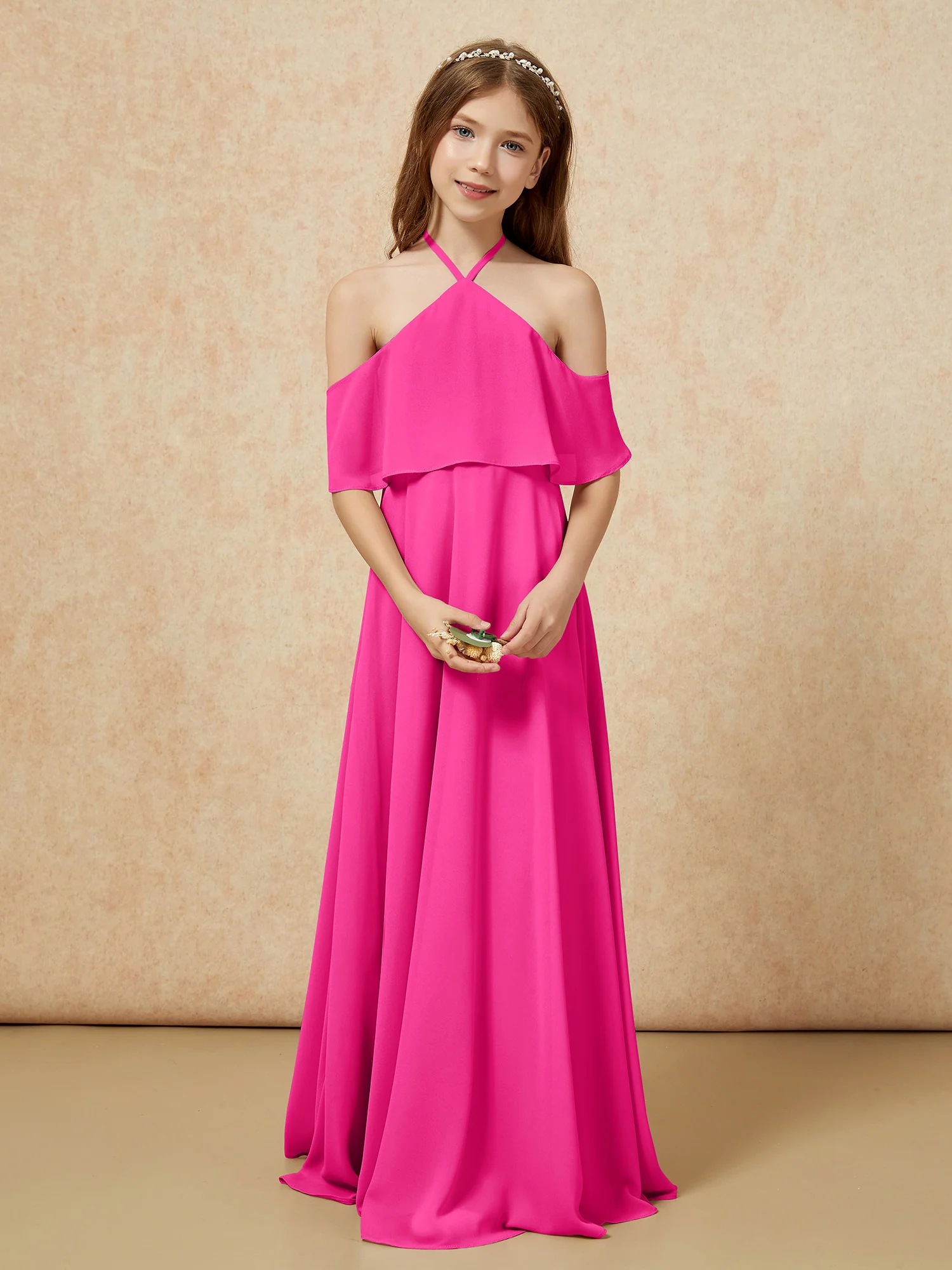 Simple Halter Floor-length Junior Bridesmaid Dress Fuchsia - Image 4
