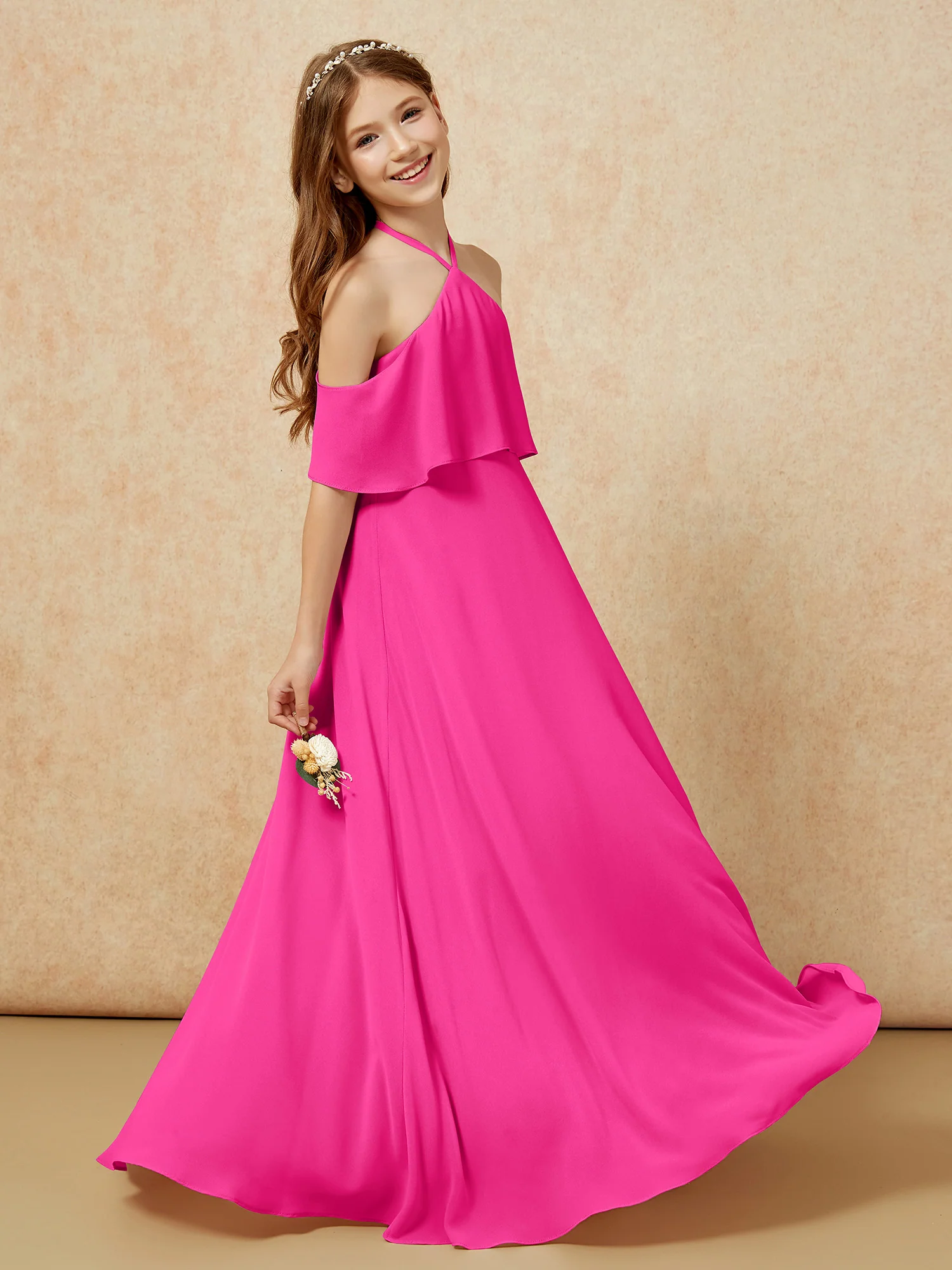 Simple Halter Floor-length Junior Bridesmaid Dress Fuchsia - Image 5