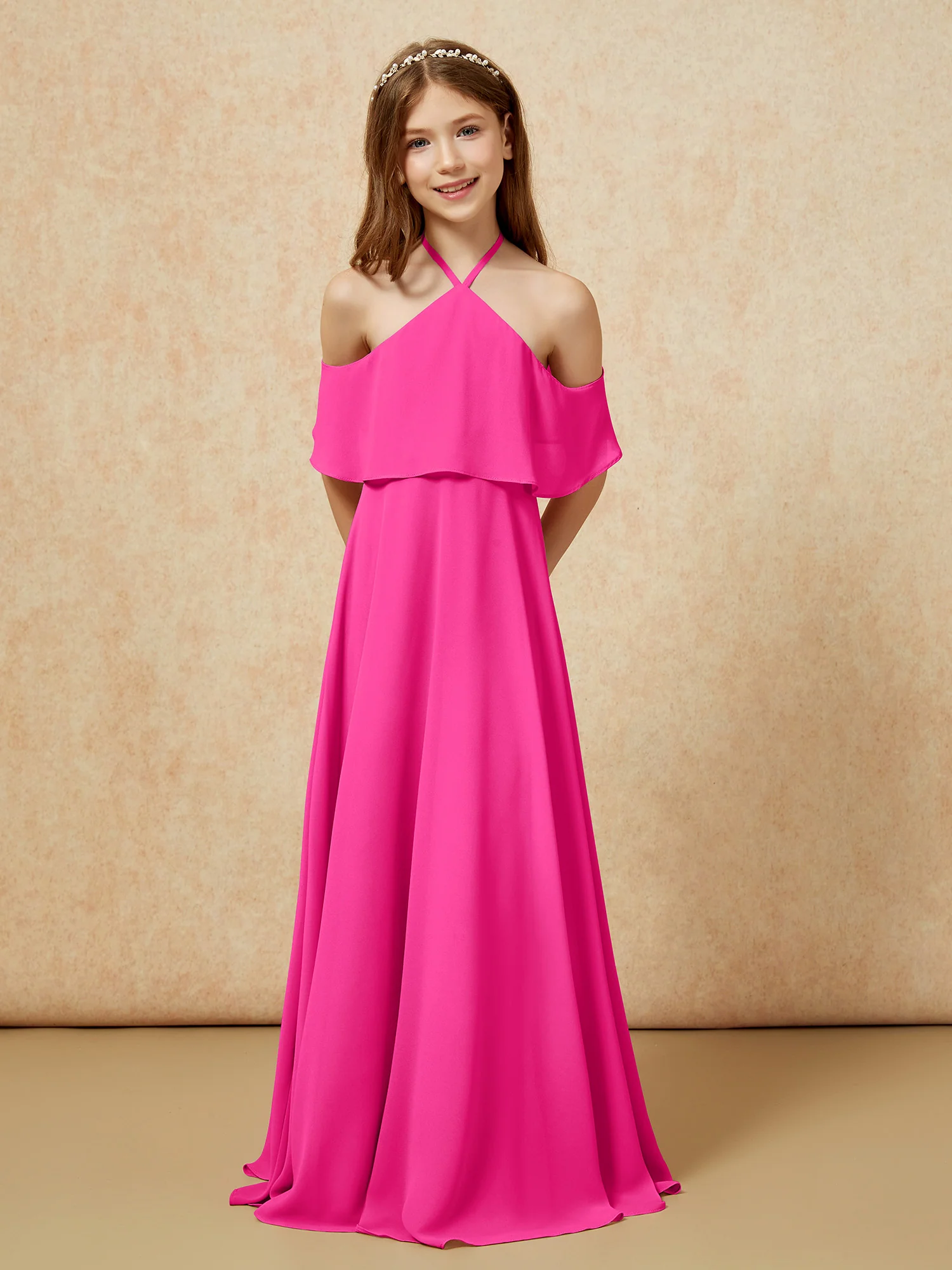 Simple Halter Floor-length Junior Bridesmaid Dress Fuchsia - Image 6