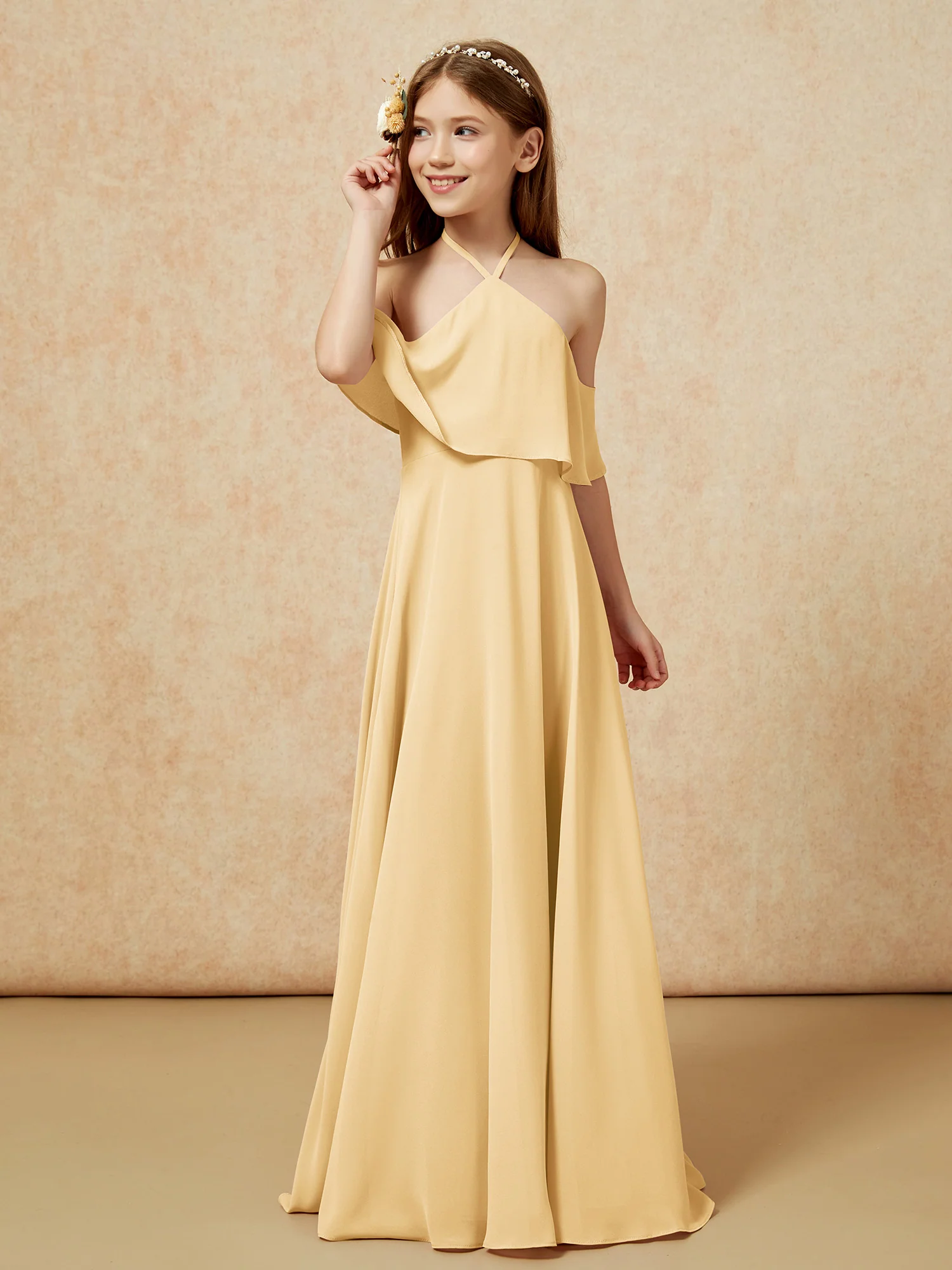 Simple Halter Floor-length Junior Bridesmaid Dress Gold