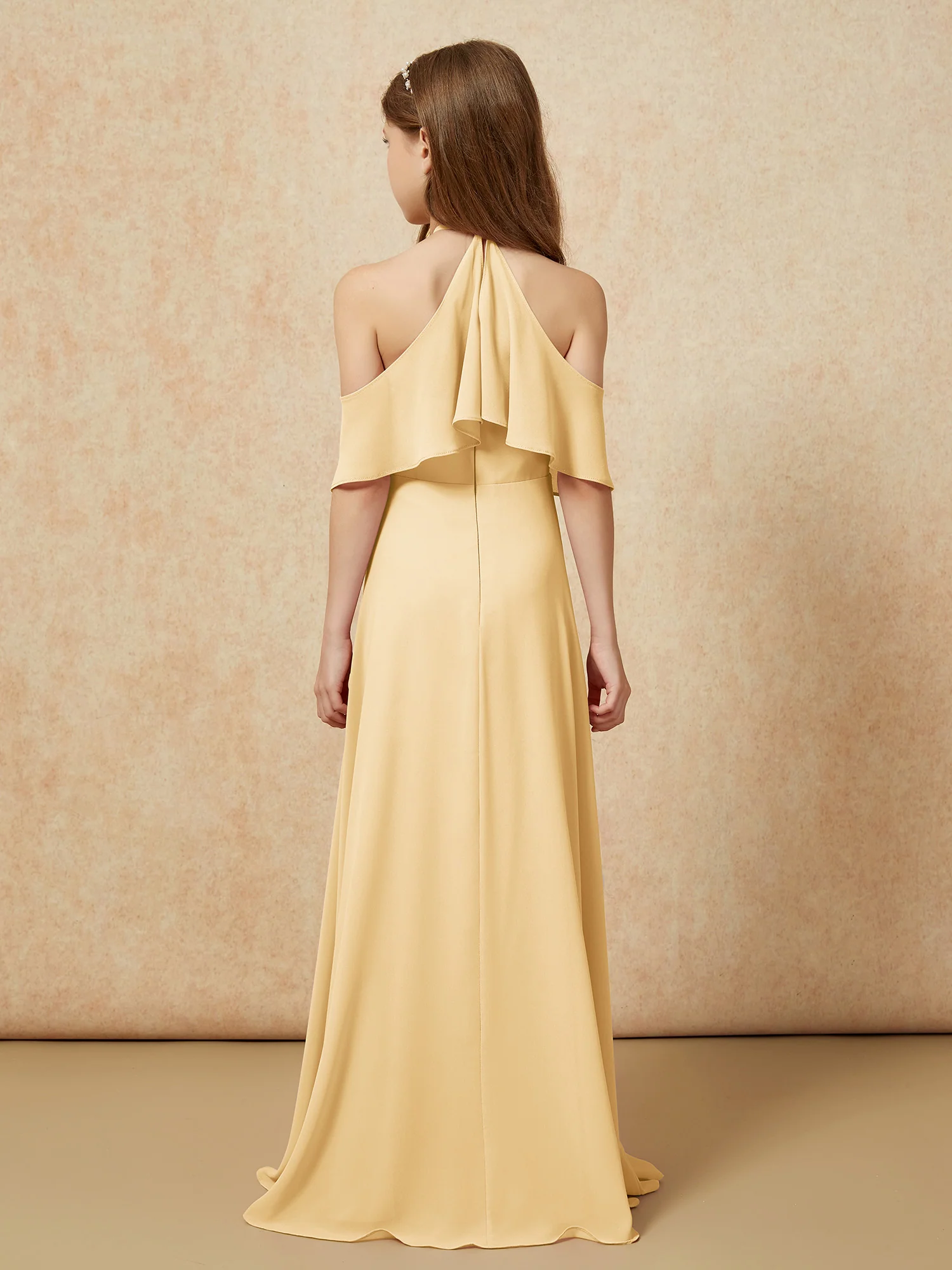 Simple Halter Floor-length Junior Bridesmaid Dress Gold - Image 2