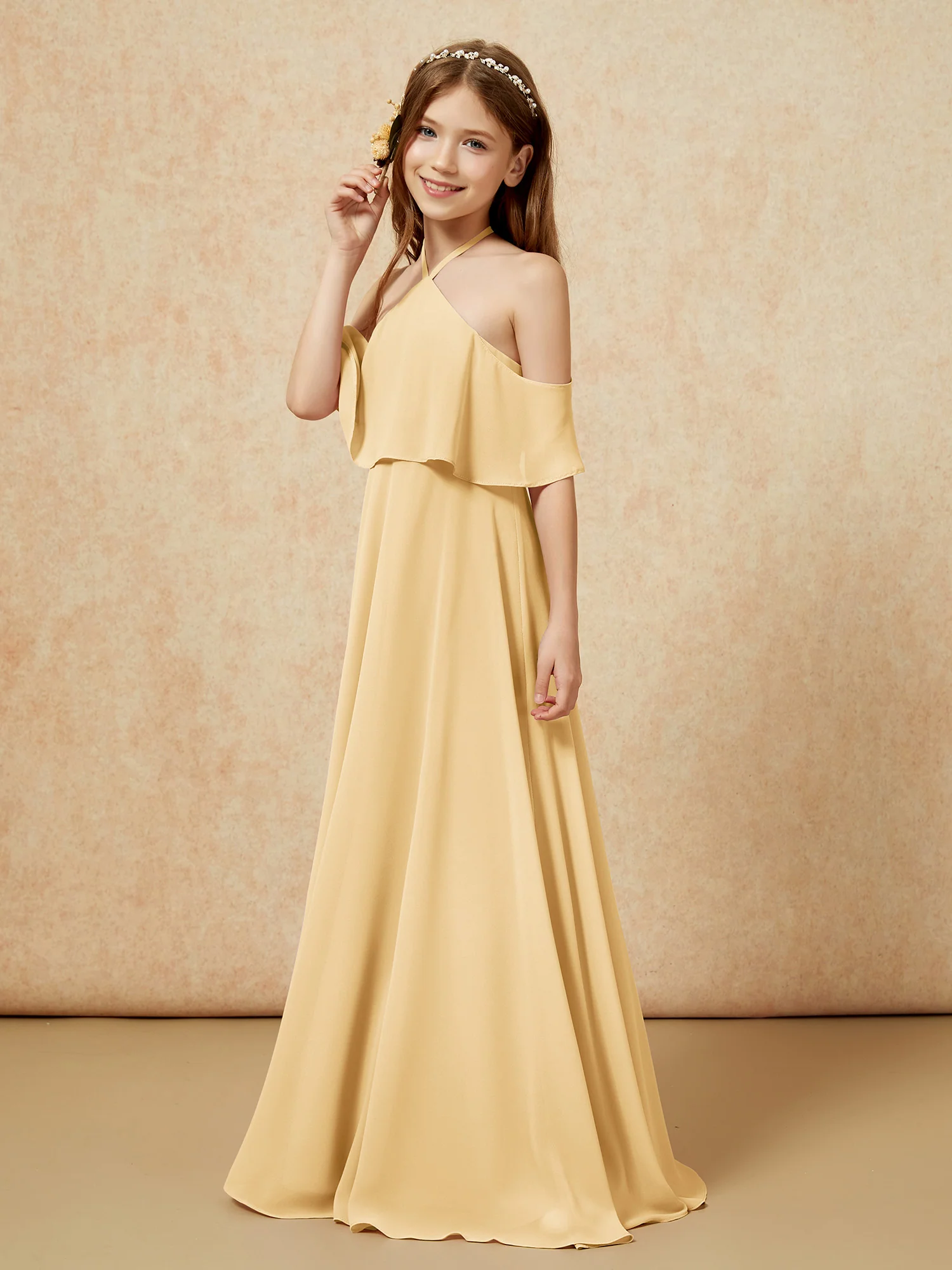 Simple Halter Floor-length Junior Bridesmaid Dress Gold - Image 3
